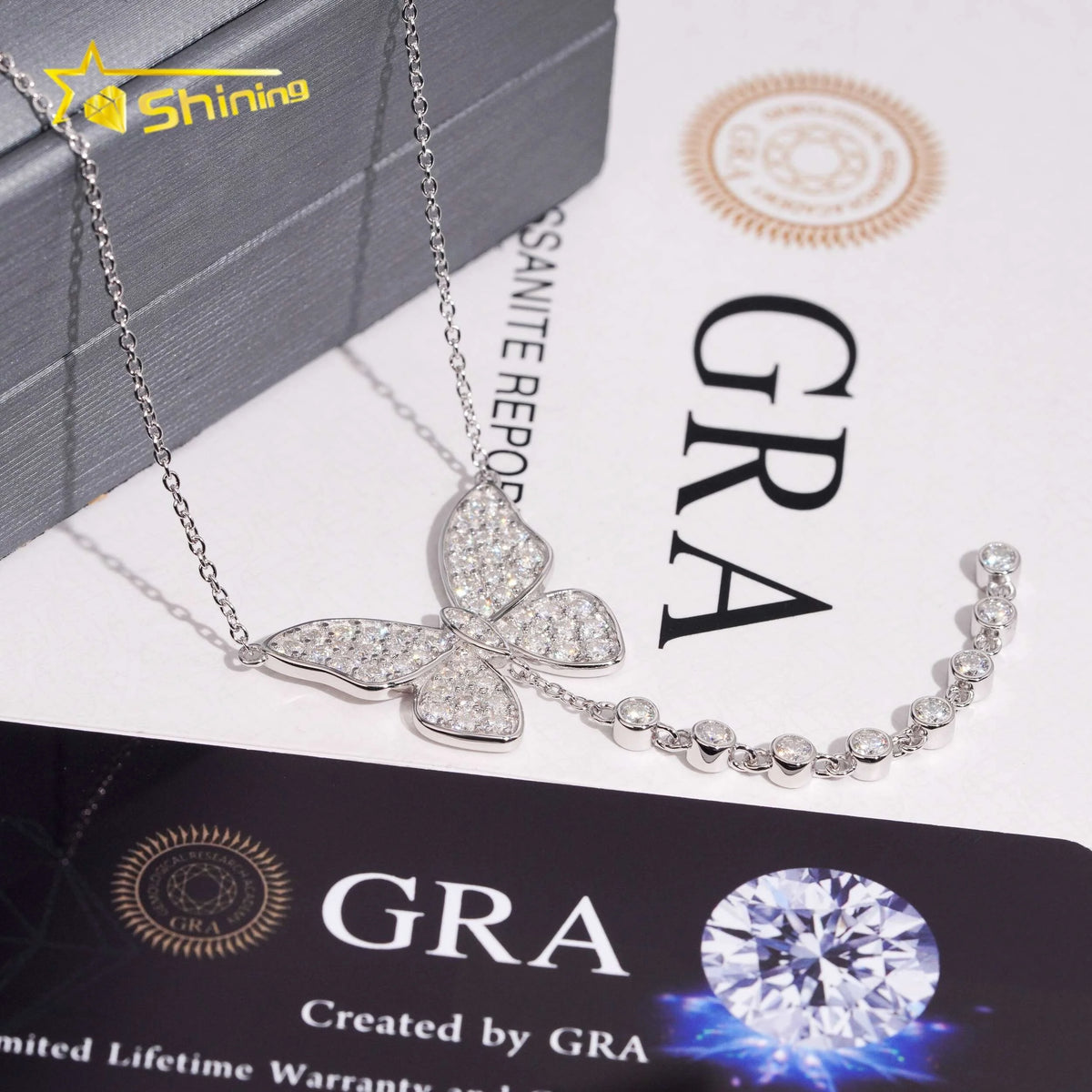 Women's Iced Out 925 Sterling Silver Butterfly Charm Moissanite Necklace