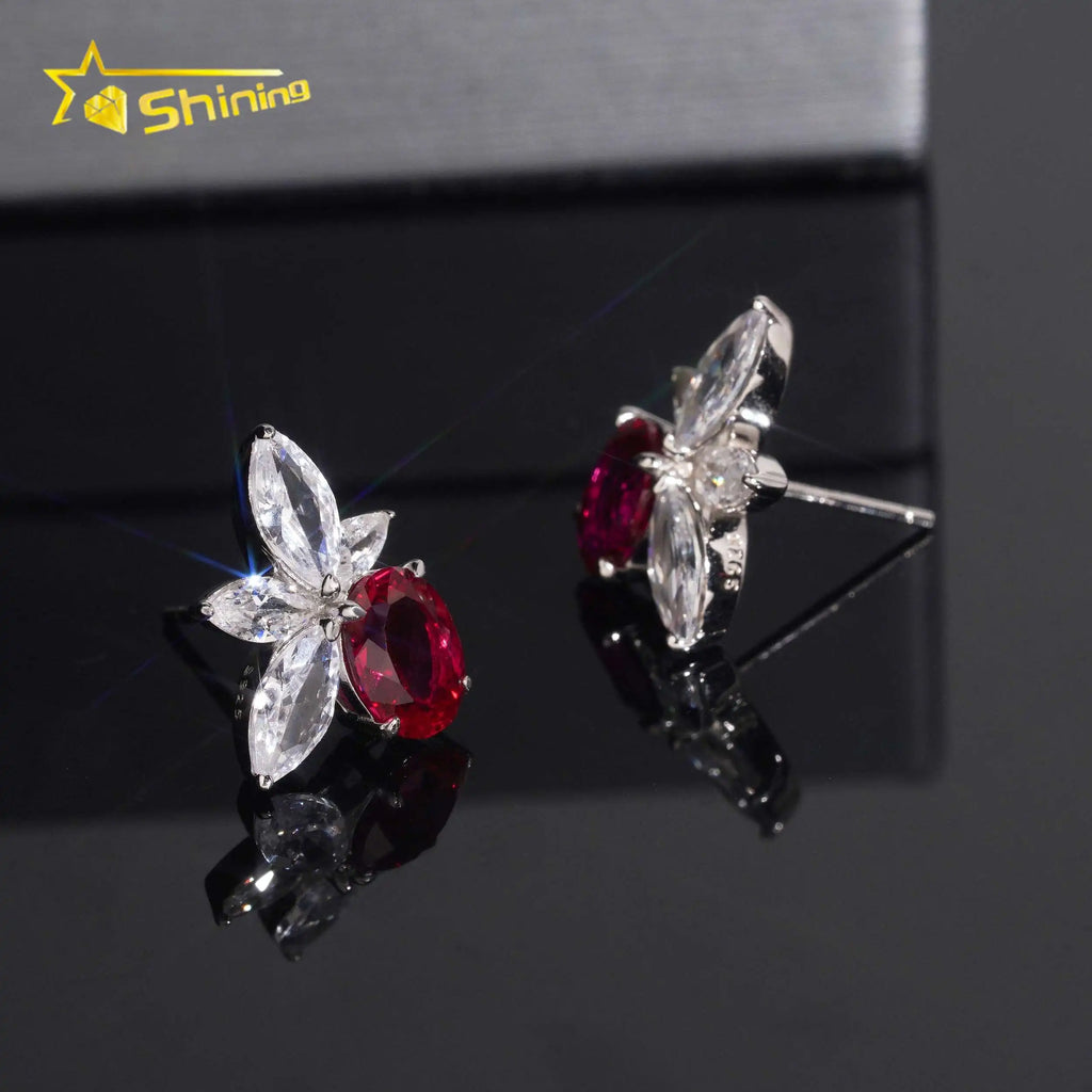 Women's 925 Sterling Silver Lab Grown Ruby and Moissanite Stud Earrings