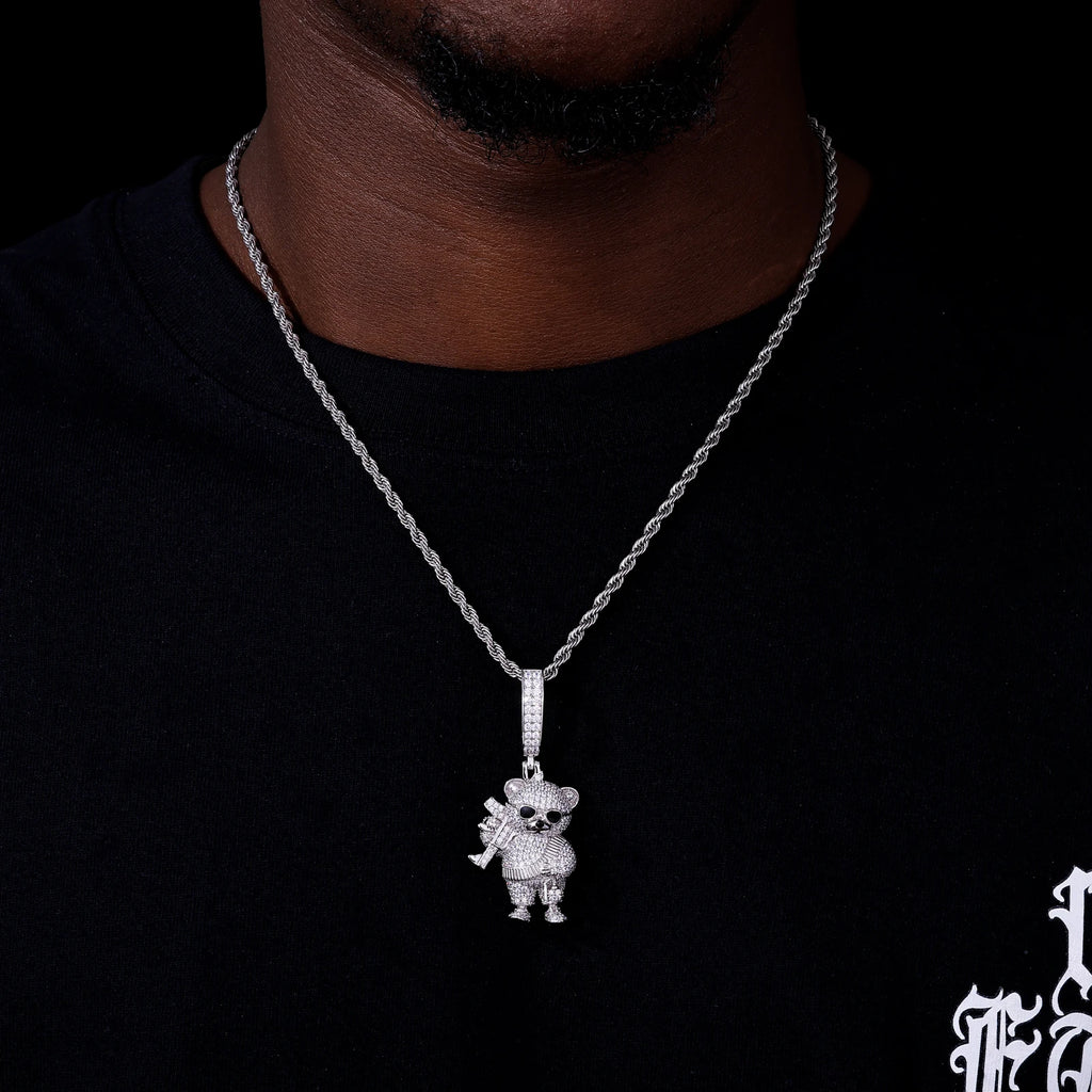 Men's Iced Out Bear Holding AK Pendant 925 Sterling Silver VVS Moissanite TQP0799