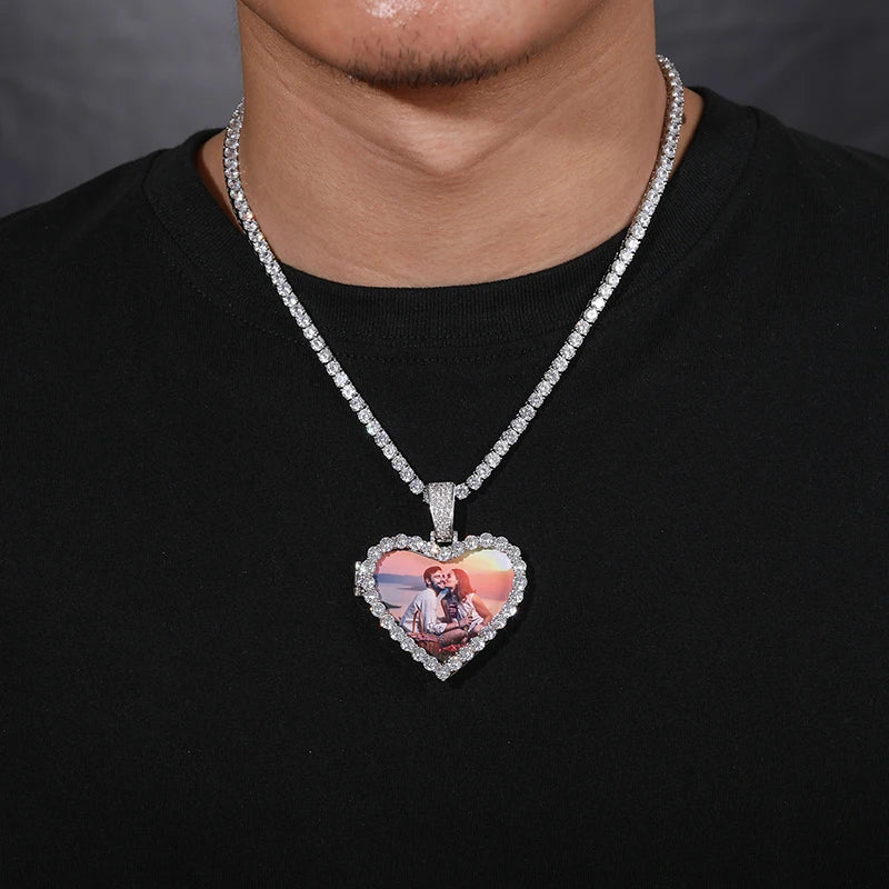 Unisex Iced Out Heart Photo Pendant 925 Sterling Silver VVS Moissanite TQP0143