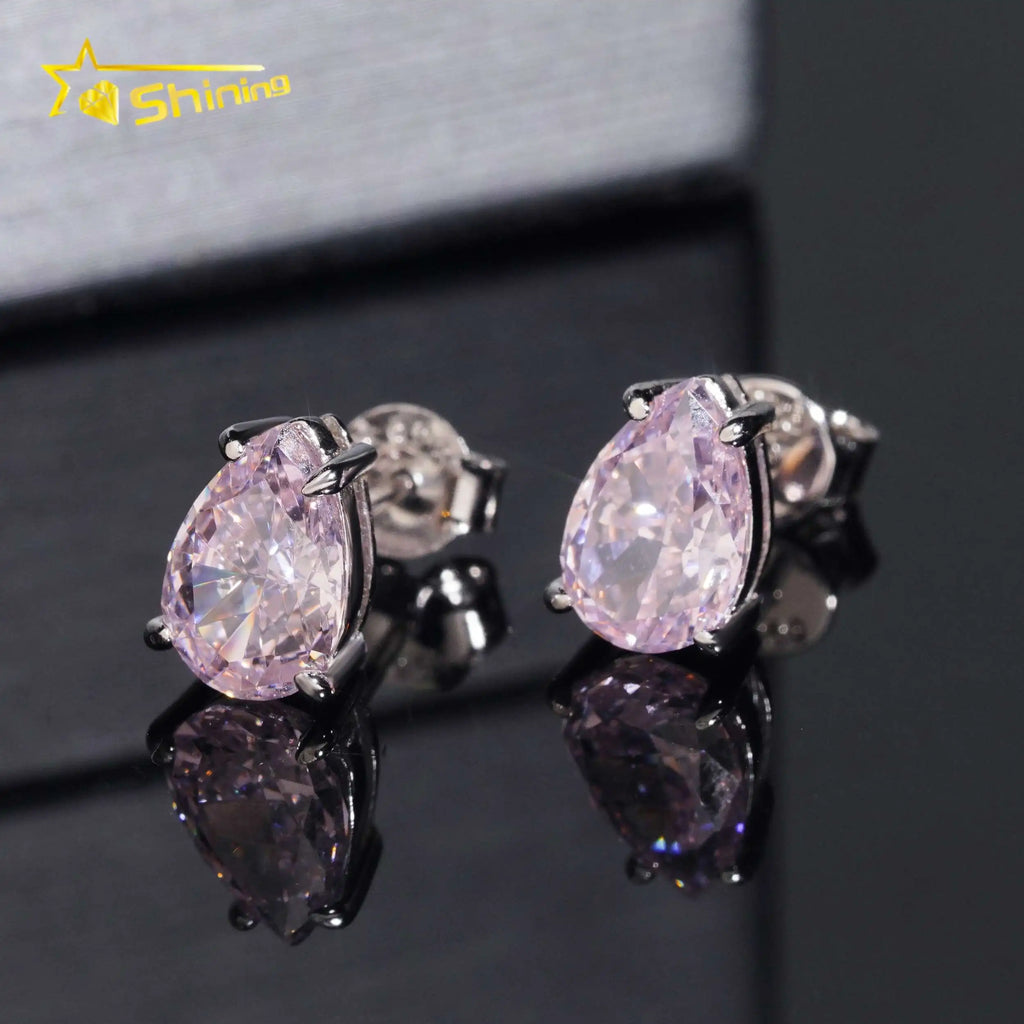 Unisex Iced Out 925 Sterling Silver Rhodium Plated VVS Moissanite Pear Cut Sakura Lab Grown Gemstone Stud Earrings