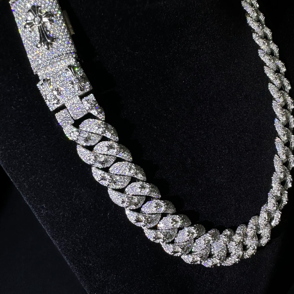 Men's 18mm Round Brilliant Cut Moissanite Cross Charm Cuban Link Chain Necklace 925 Sterling Silver