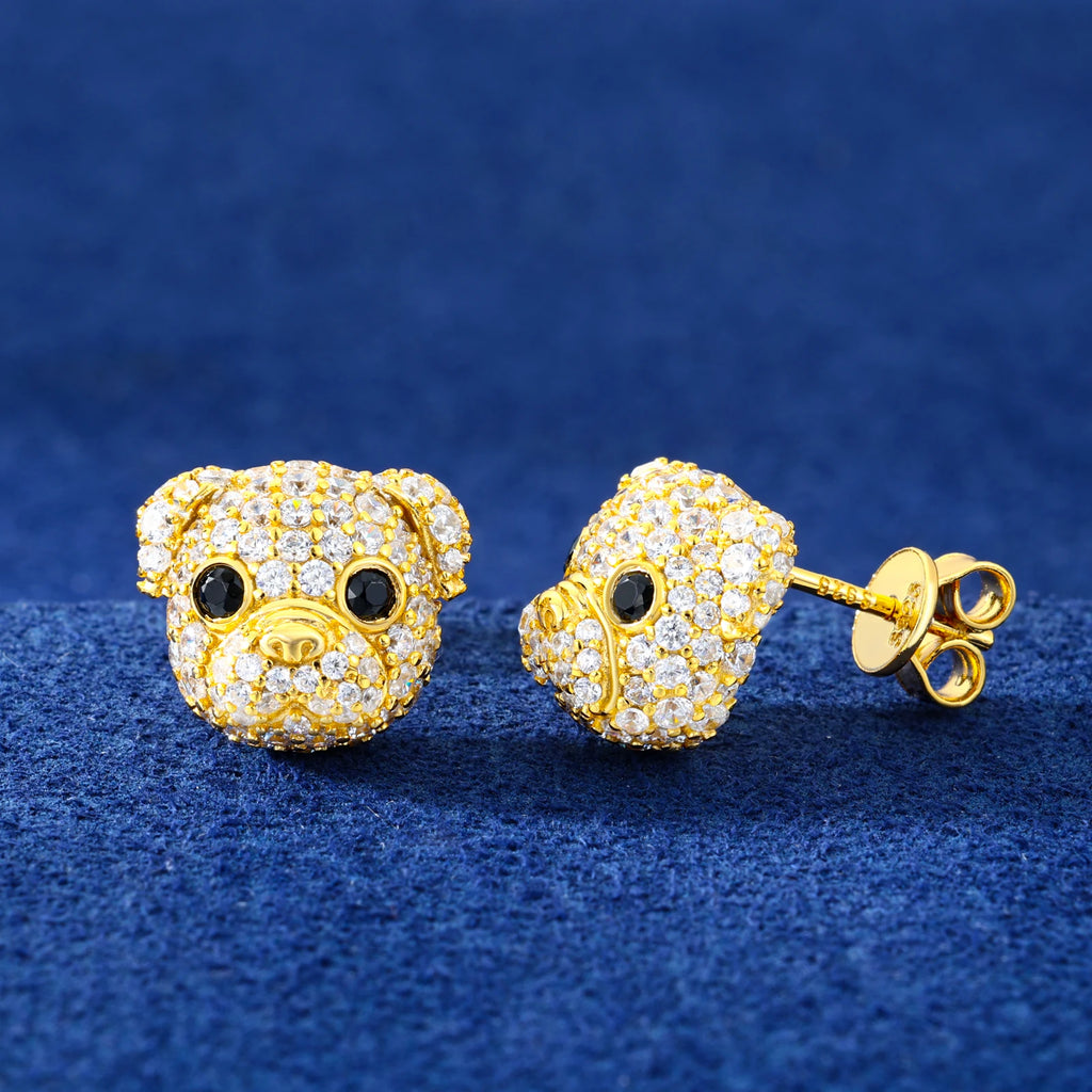 Unisex Iced Out 925 Sterling Silver VVS Moissanite Little Bulldog Stud Earrings