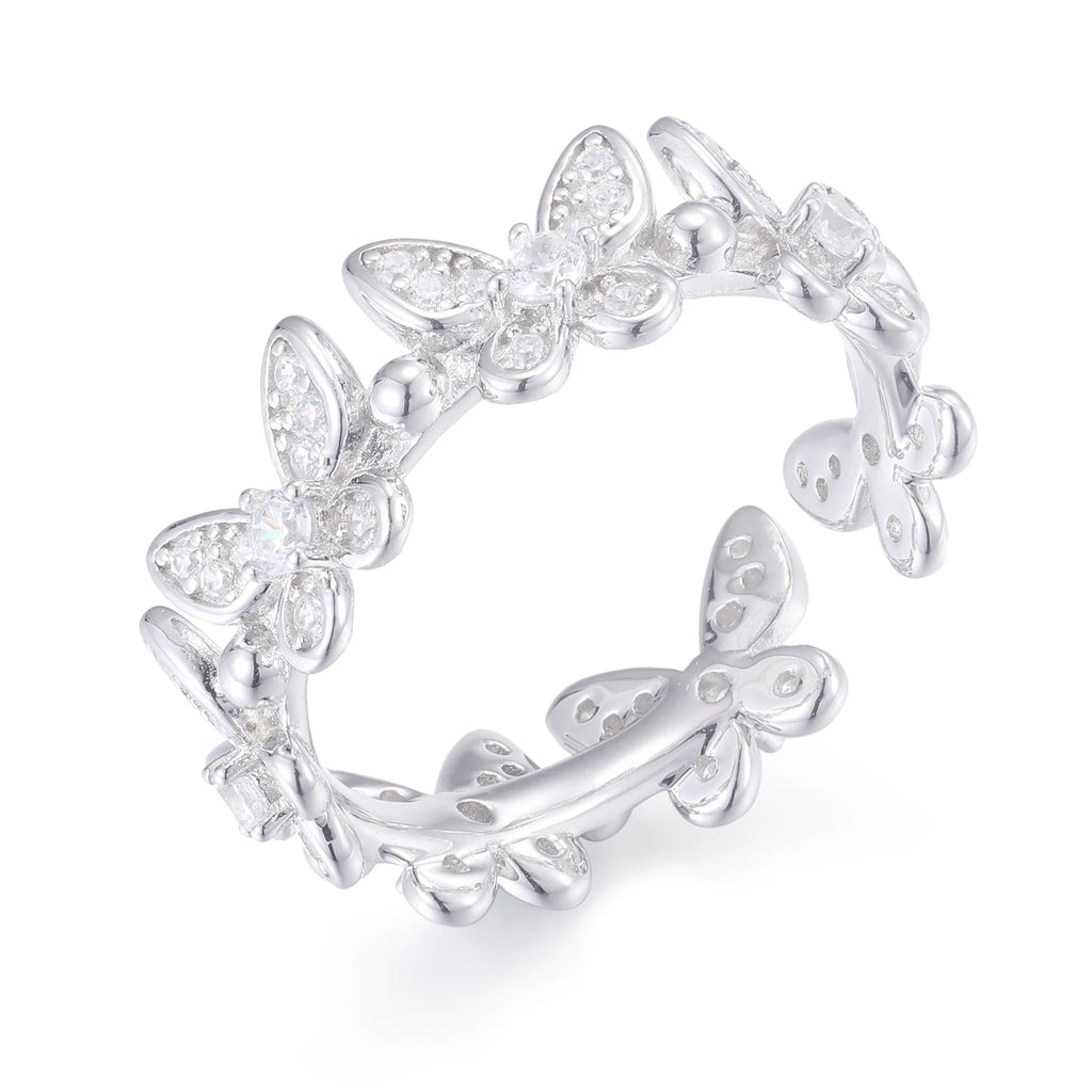 Unisex Iced Out 925 Sterling Silver VVS Moissanite Round Brilliant Cut Adjustable Butterfly Ring