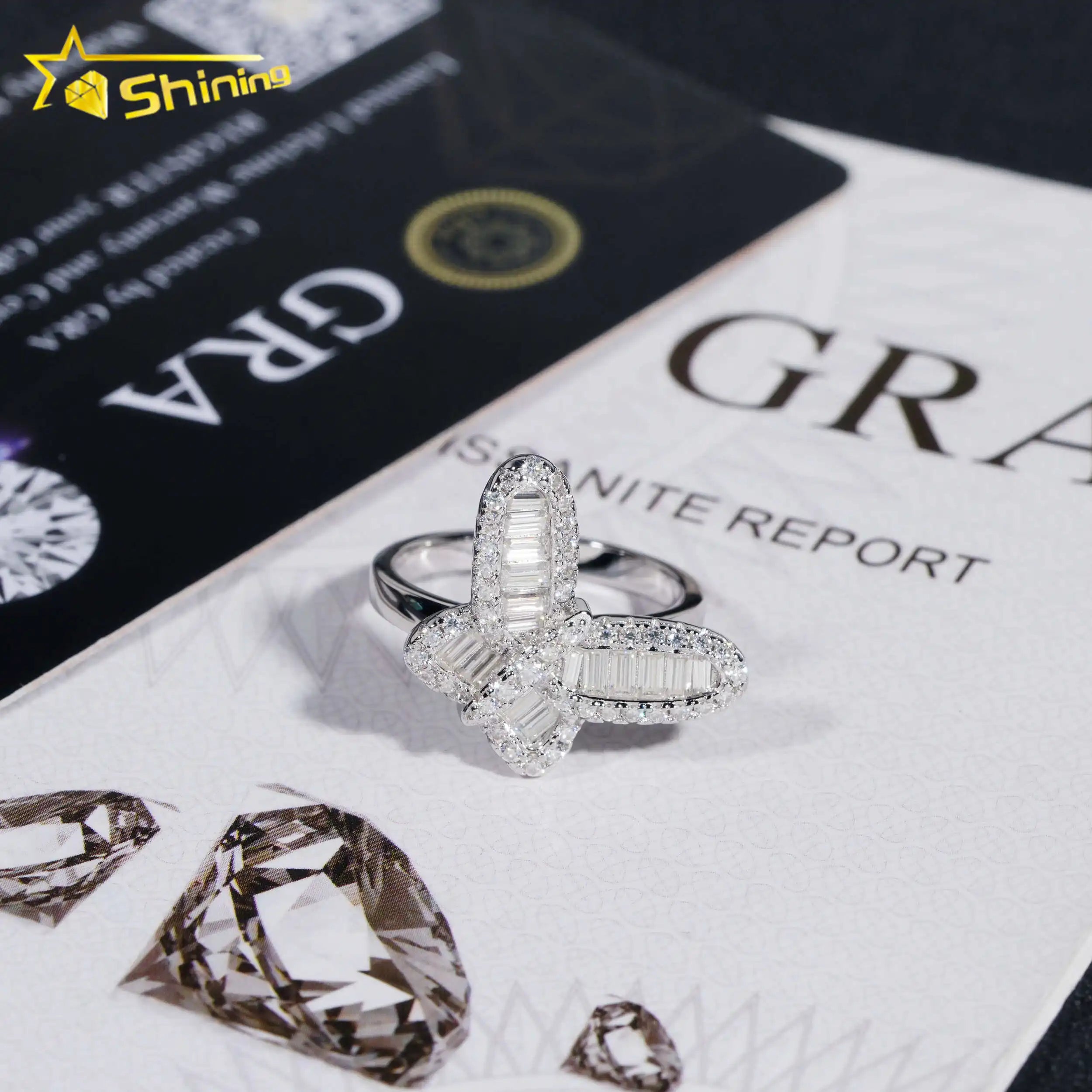 Unisex Iced Out 925 Sterling Silver VVS Moissanite Round Brilliant Cut Butterfly Ring