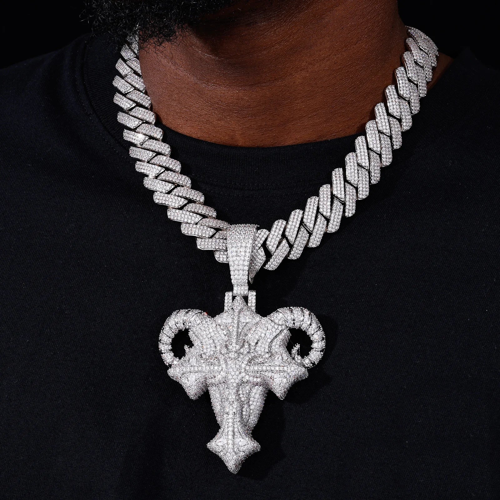 Men's Gold Plated Moissanite Iced Out Cross Goat Head Pendant CZP1202