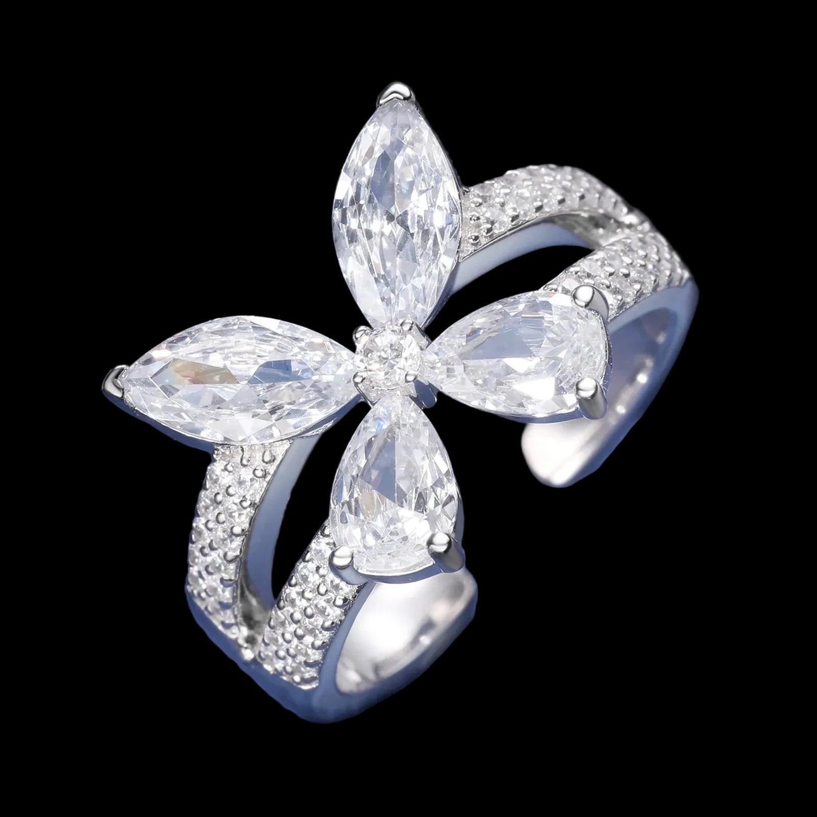 Women's Iced Out 925 Sterling Silver Pear Cut 5A Cubic Zirconia Butterfly Open Ring