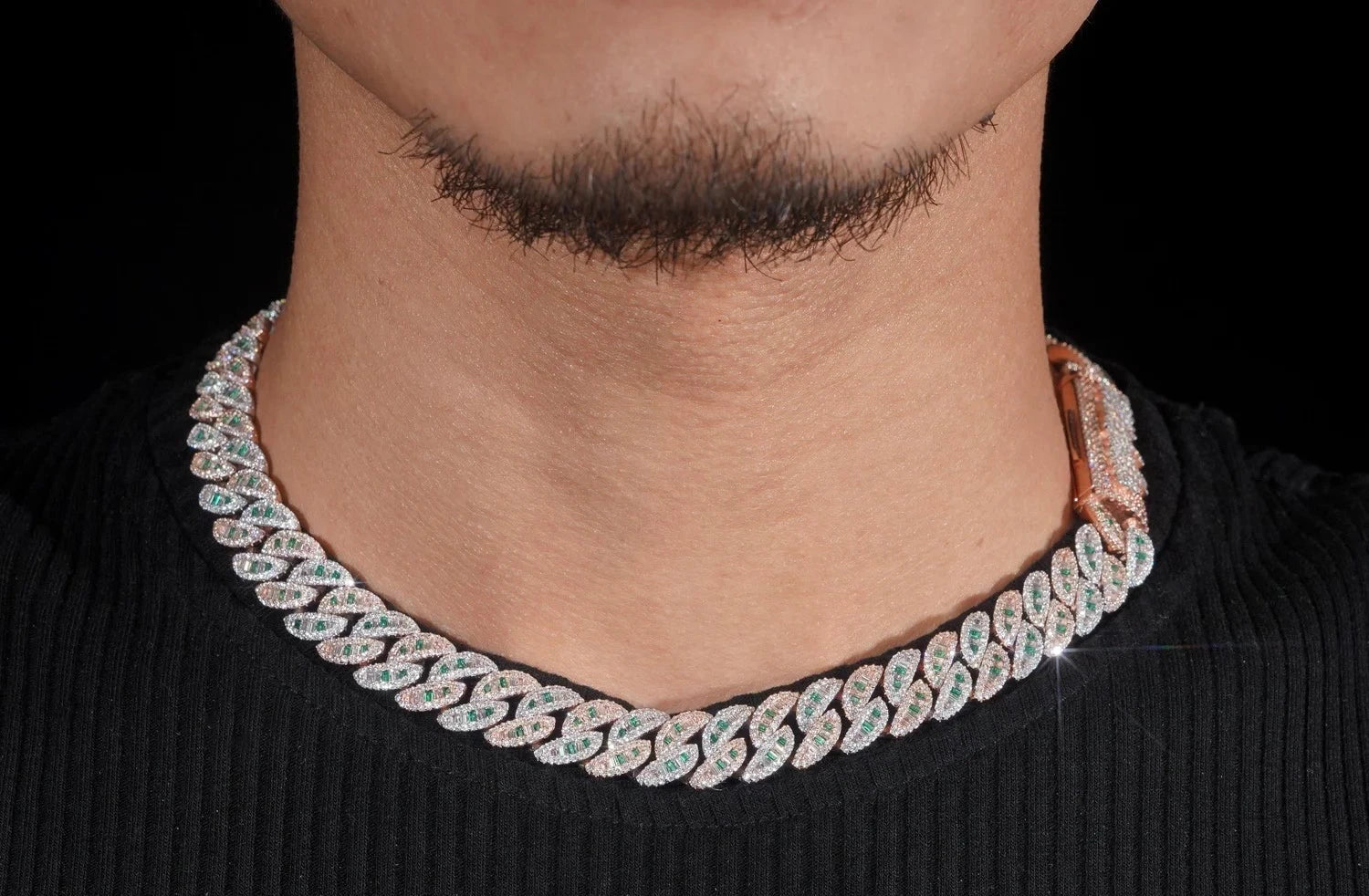 Men's 16mm Baguette Cut Color Mix Moissanite Cuban Link Chain Necklace 925 Sterling Silver
