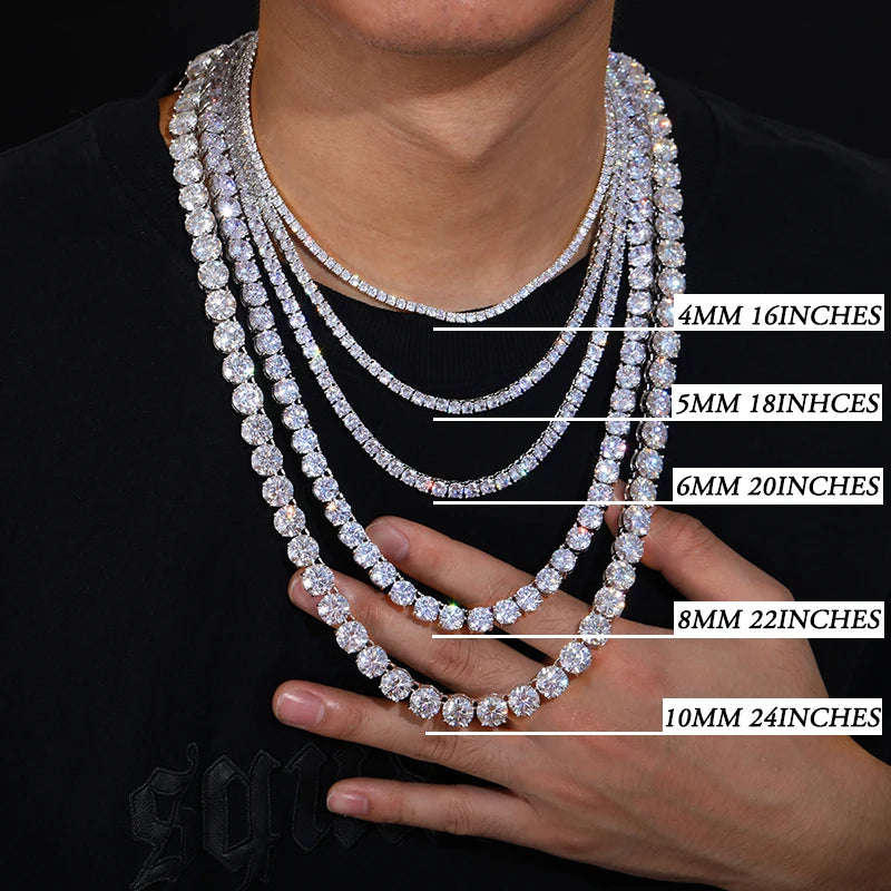 Unisex Iced Out 925 Sterling Silver VVS Moissanite Tennis Chain Necklace Bracelet