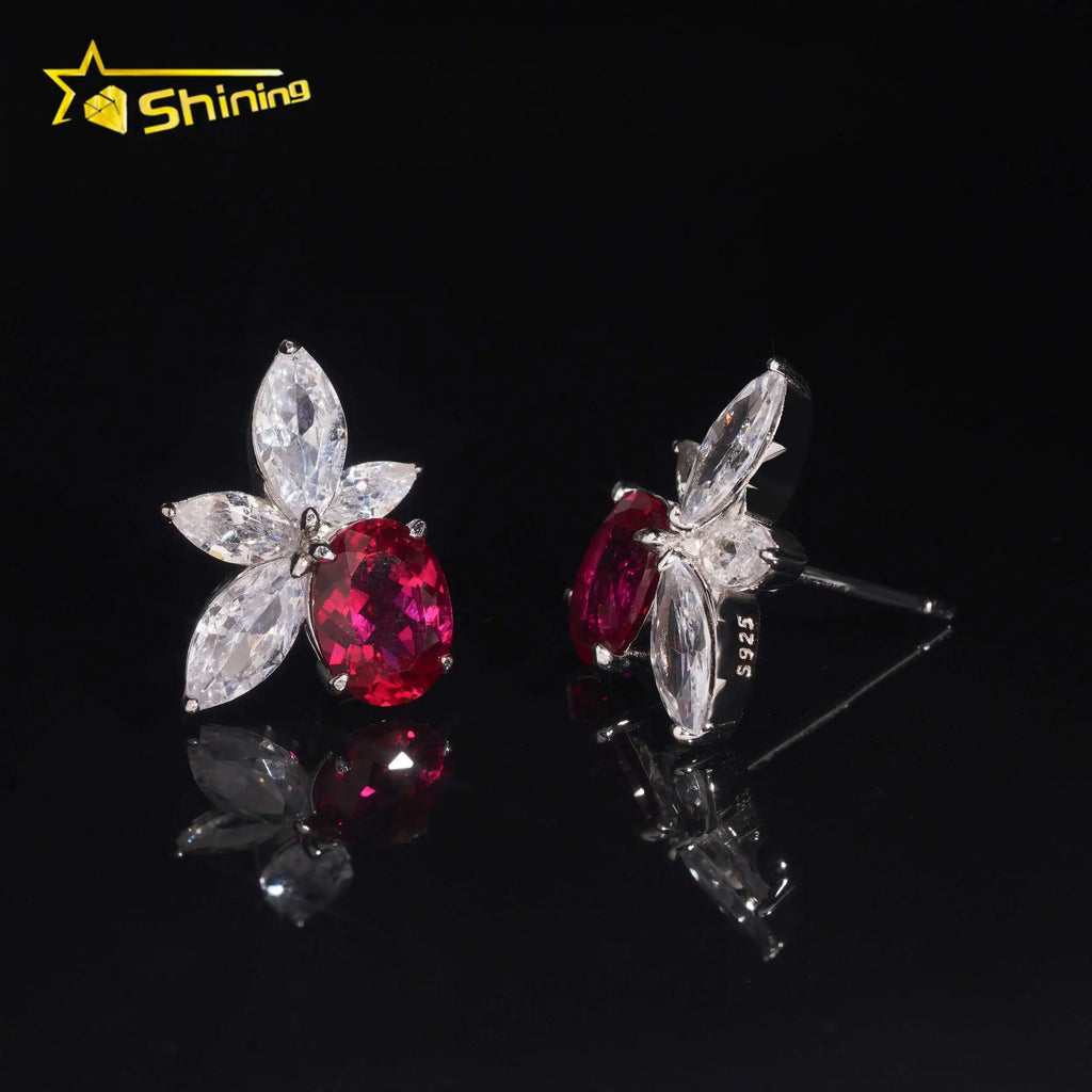Women's 925 Sterling Silver Lab Grown Ruby and Moissanite Stud Earrings