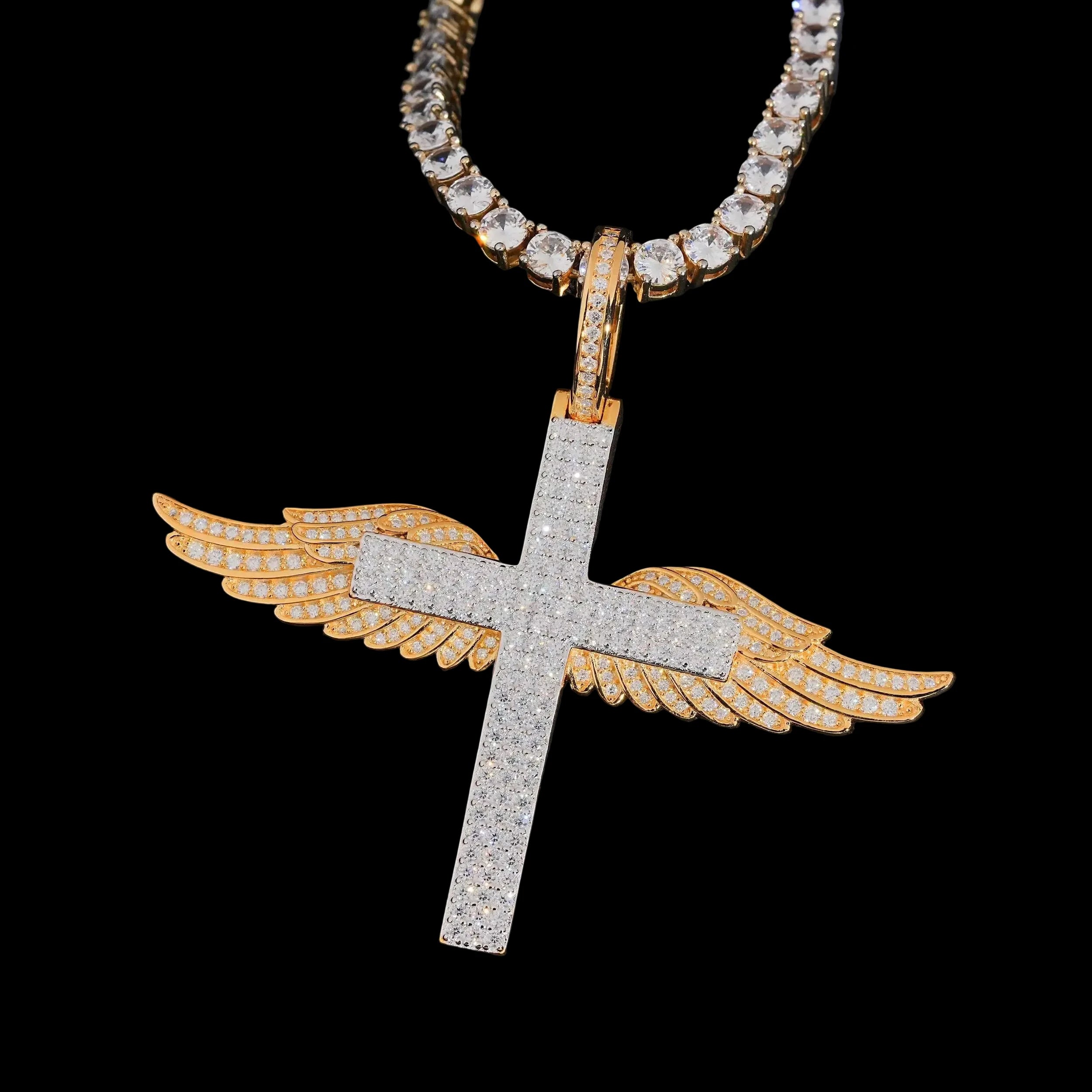 Unisex 925 Sterling Silver VVS Moissanite Cross Wing Iced Out Pendant P7816