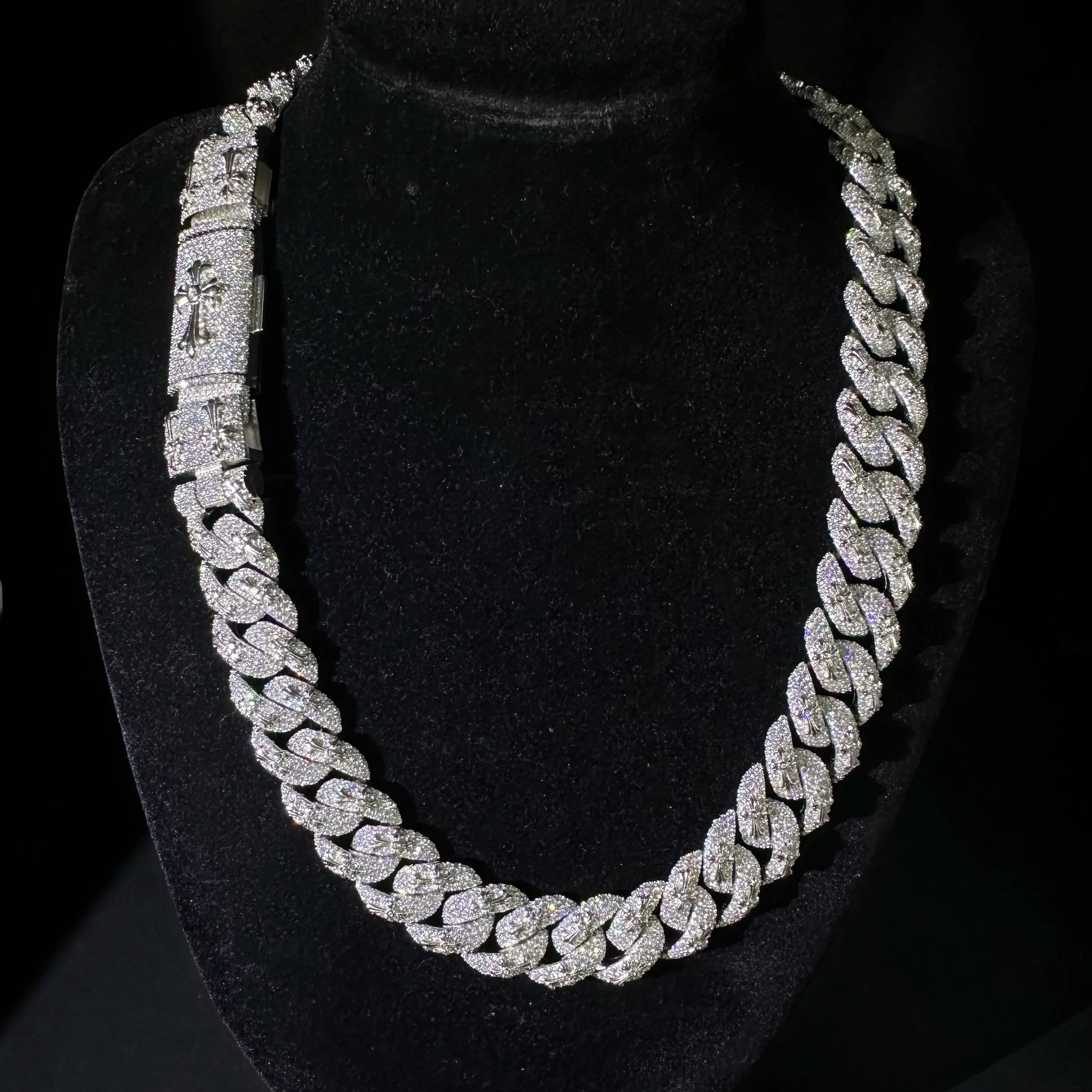 Men's 18mm Round Brilliant Cut Moissanite Cross Charm Cuban Link Chain Necklace 925 Sterling Silver