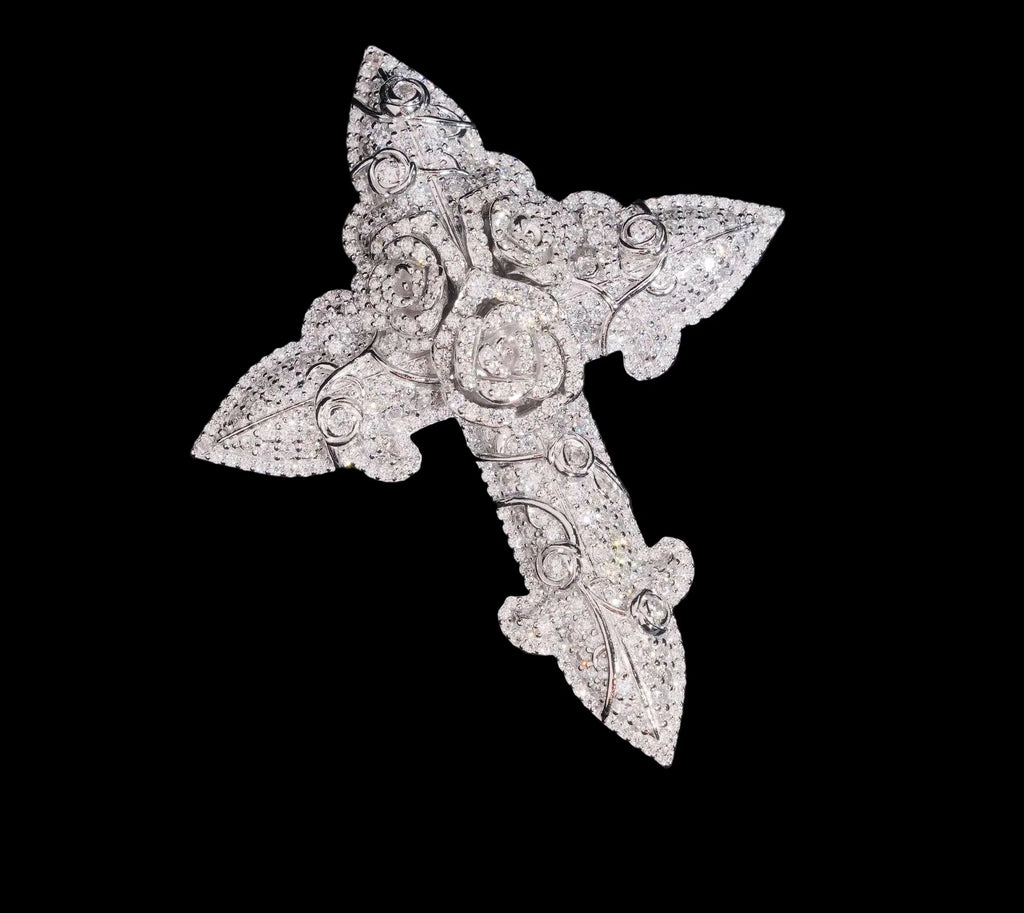 Unisex 3D Rose Cross Pendant 925 Sterling Silver VVS Moissanite Iced Out BP4463