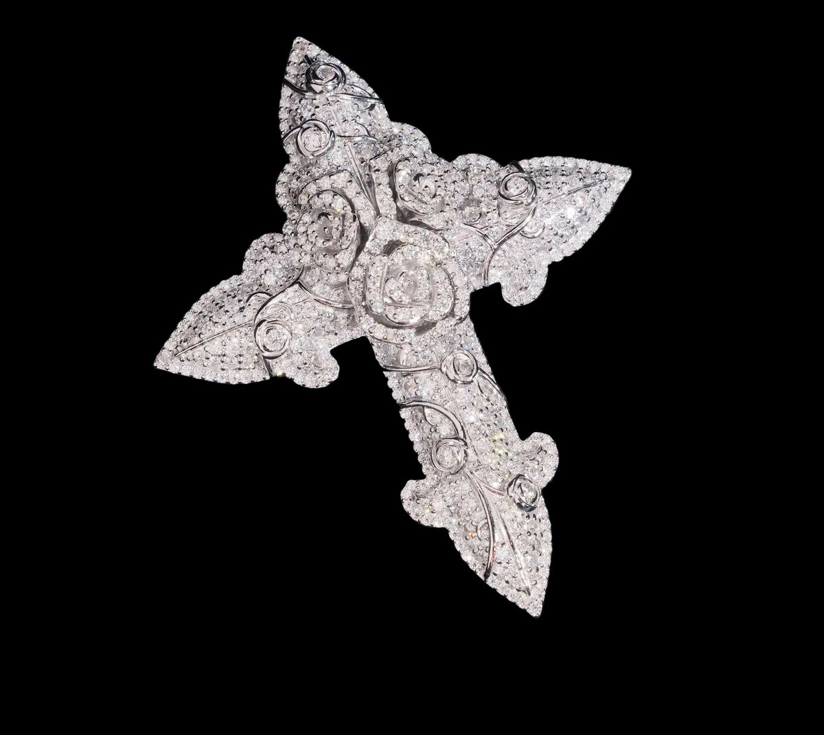 Unisex 3D Rose Cross Pendant 925 Sterling Silver VVS Moissanite Iced Out BP4463