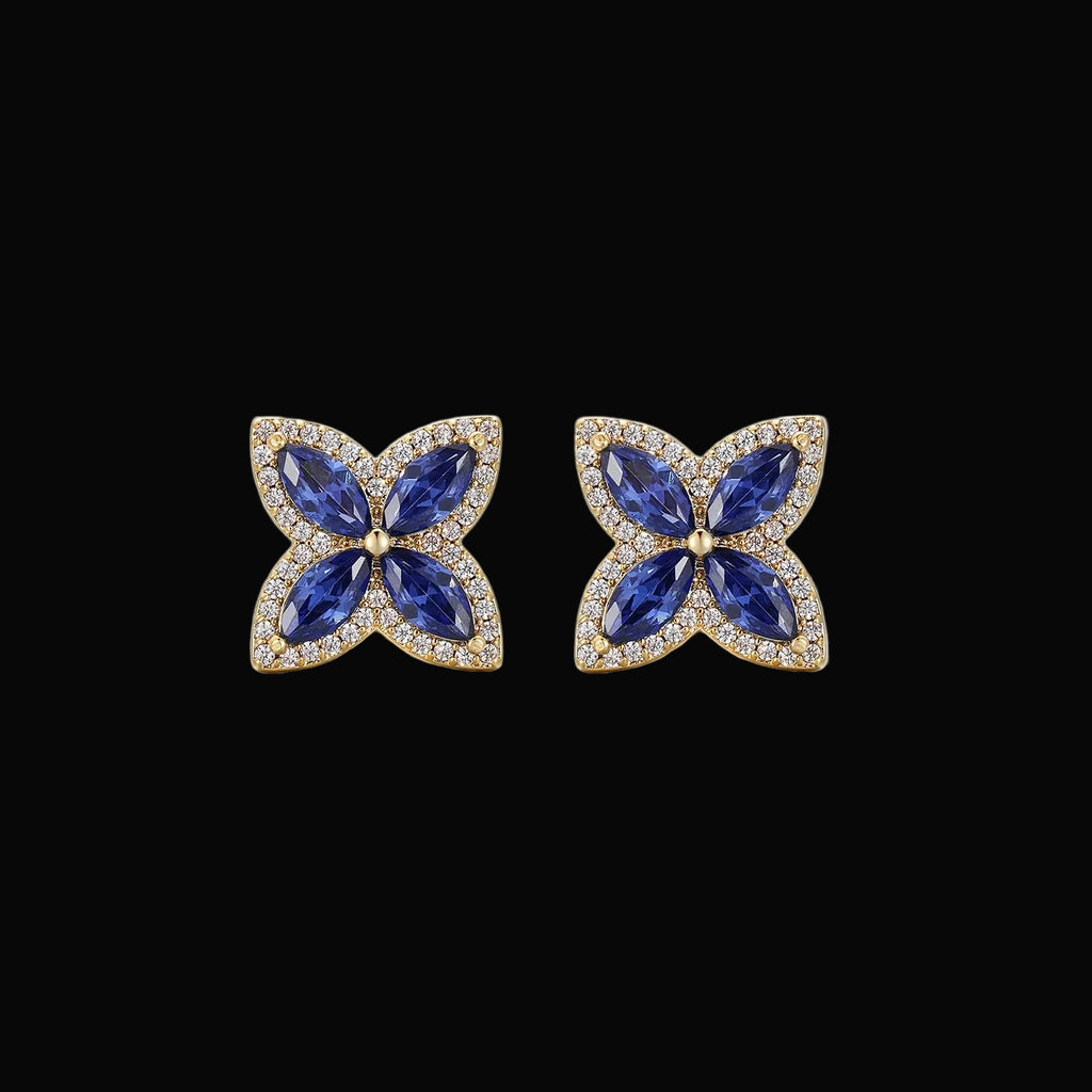 Unisex Iced Out 925 Sterling Silver VVS Moissanite Blue Sapphire Clover Stud Earrings