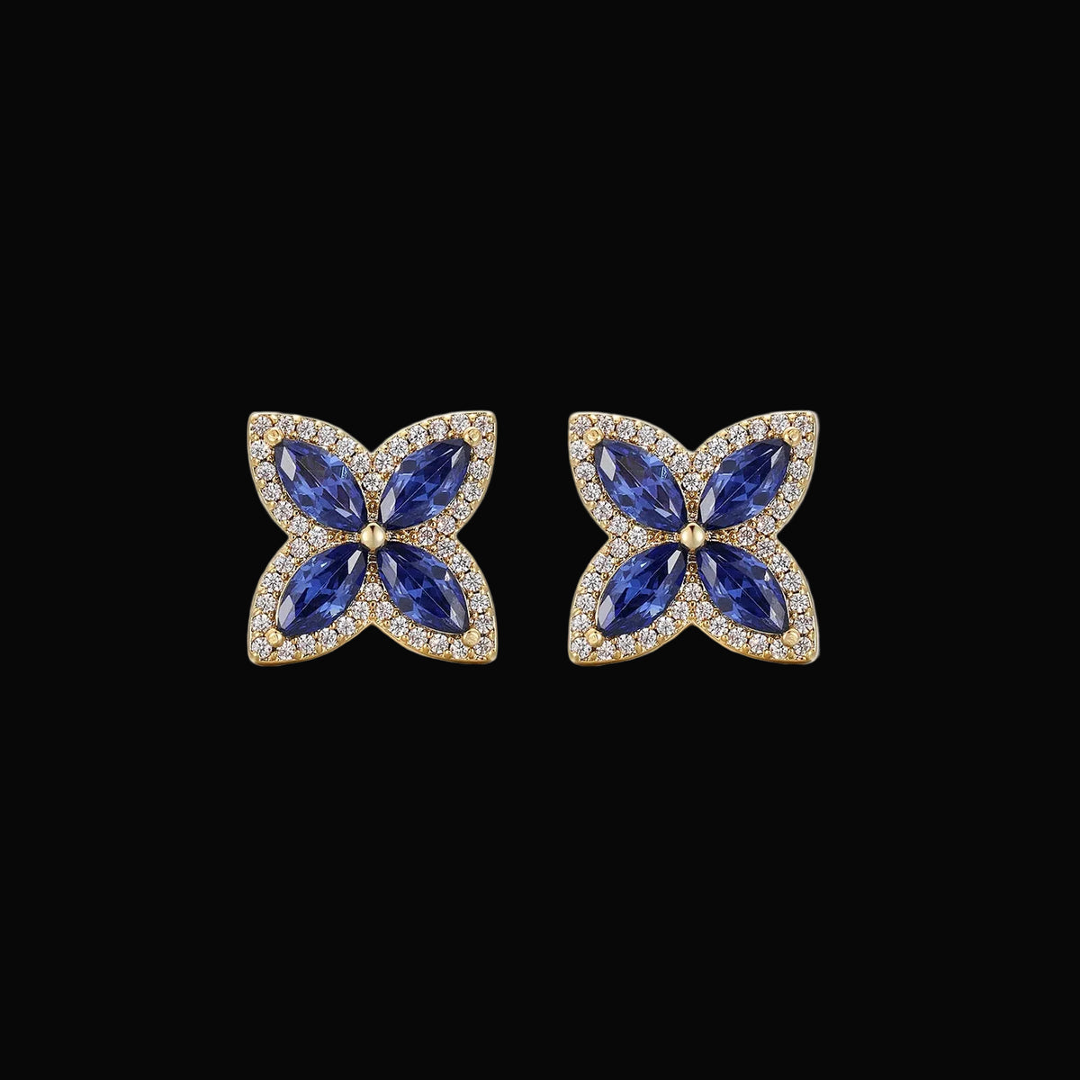 Unisex Iced Out 925 Sterling Silver VVS Moissanite Blue Sapphire Clover Stud Earrings