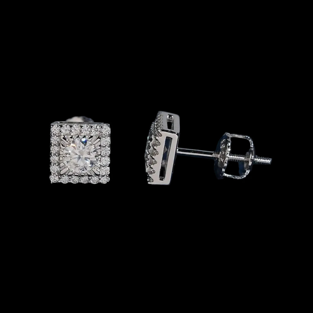 Unisex Iced Out 925 Sterling Silver Rhodium Plated VVS Moissanite Round Brilliant Cut Square Halo Stud Earrings