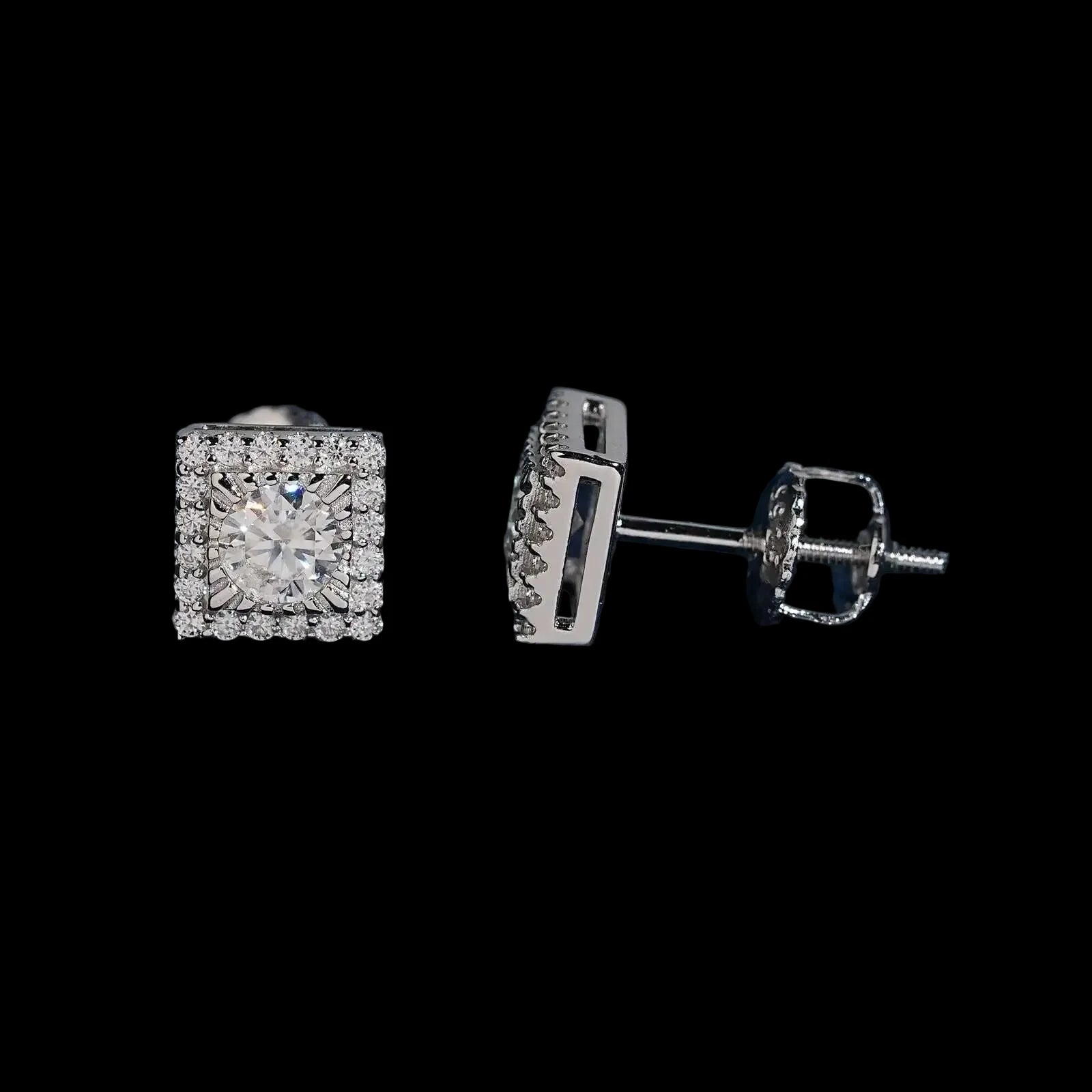 Unisex Iced Out 925 Sterling Silver Rhodium Plated VVS Moissanite Round Brilliant Cut Square Halo Stud Earrings