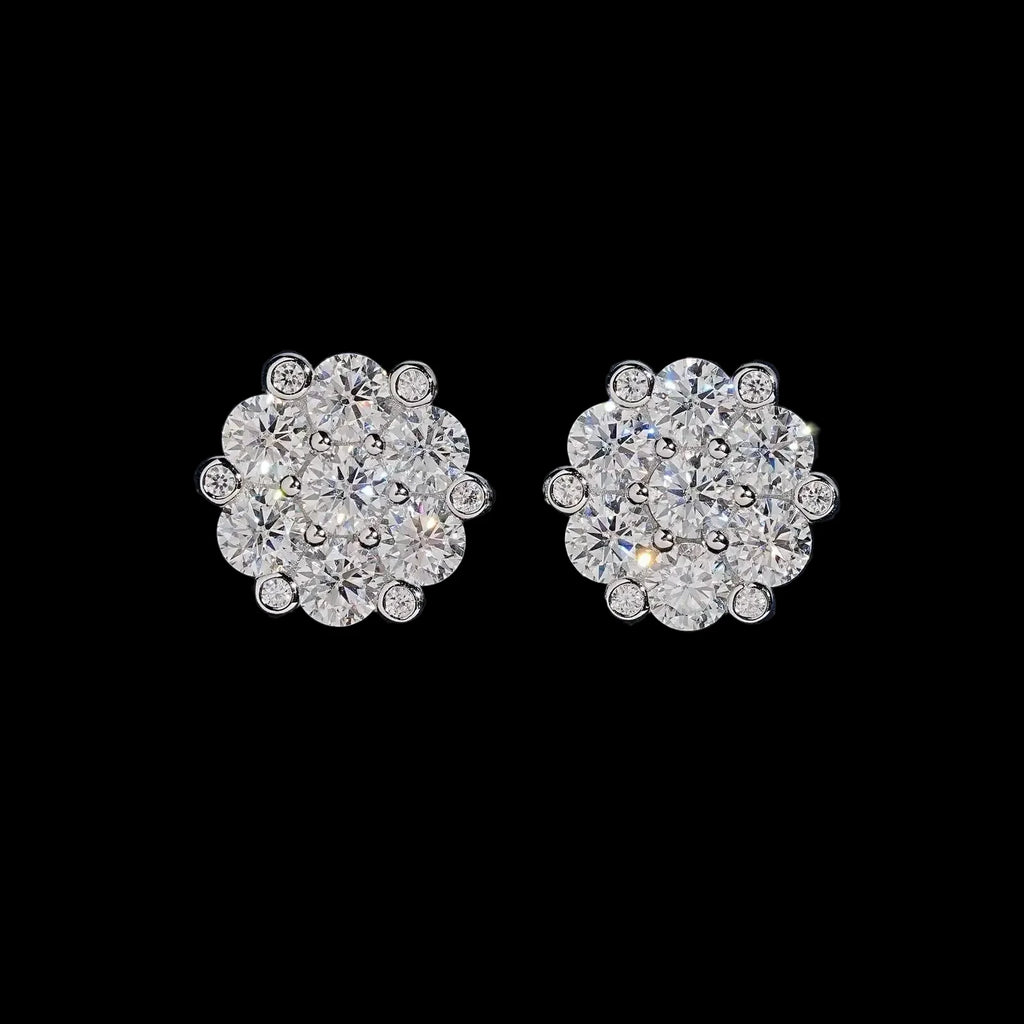 Unisex Iced Out 925 Sterling Silver VVS Moissanite Floral Cluster Stud Earrings