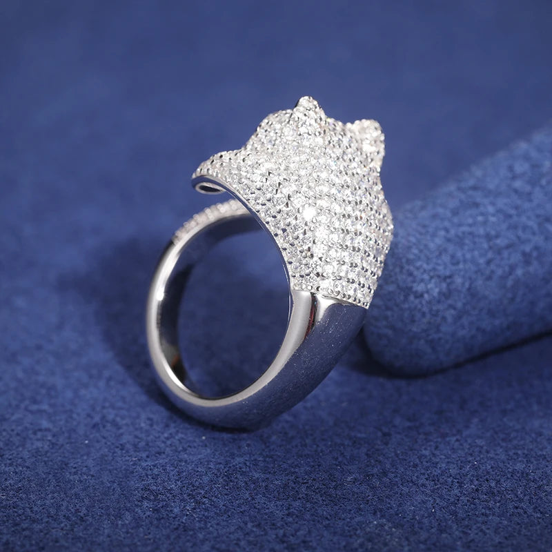 Unisex Round Brilliant Cut VVS Moissanite Leopard Head Ring 925 Sterling Silver