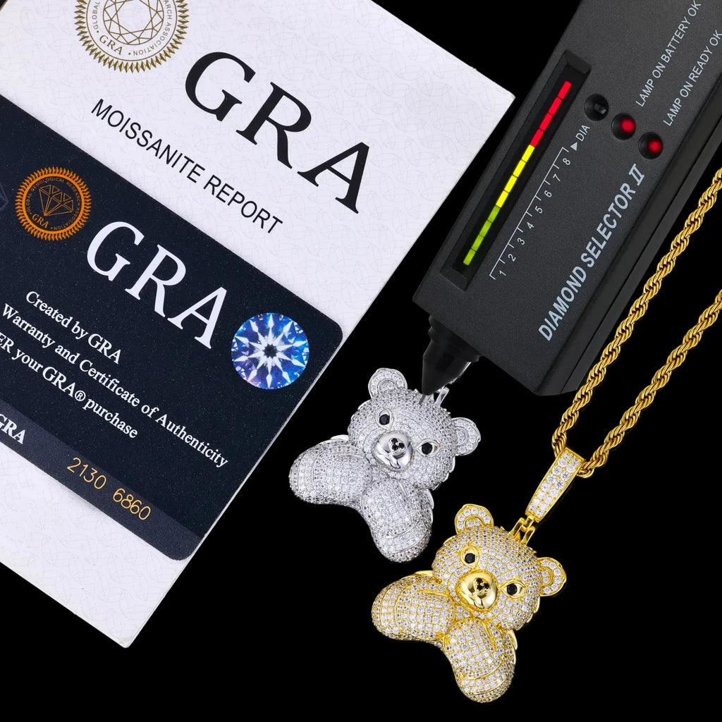 Men's 925 Sterling Silver VVS Moissanite Iced Out Boxing Teddy Bear Pendant TQP0882
