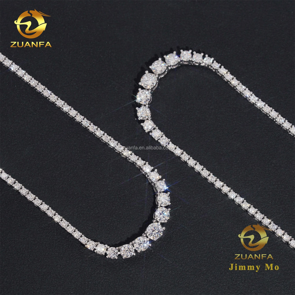 Unisex Iced Out 925 Sterling Silver Rhodium Plated VVS Moissanite Gradient Cluster Tennis Chain Necklace 2mm