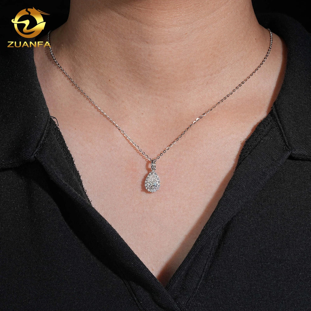 Unisex Iced Out 925 Sterling Silver VVS Moissanite Pear Shape Pendant Necklace
