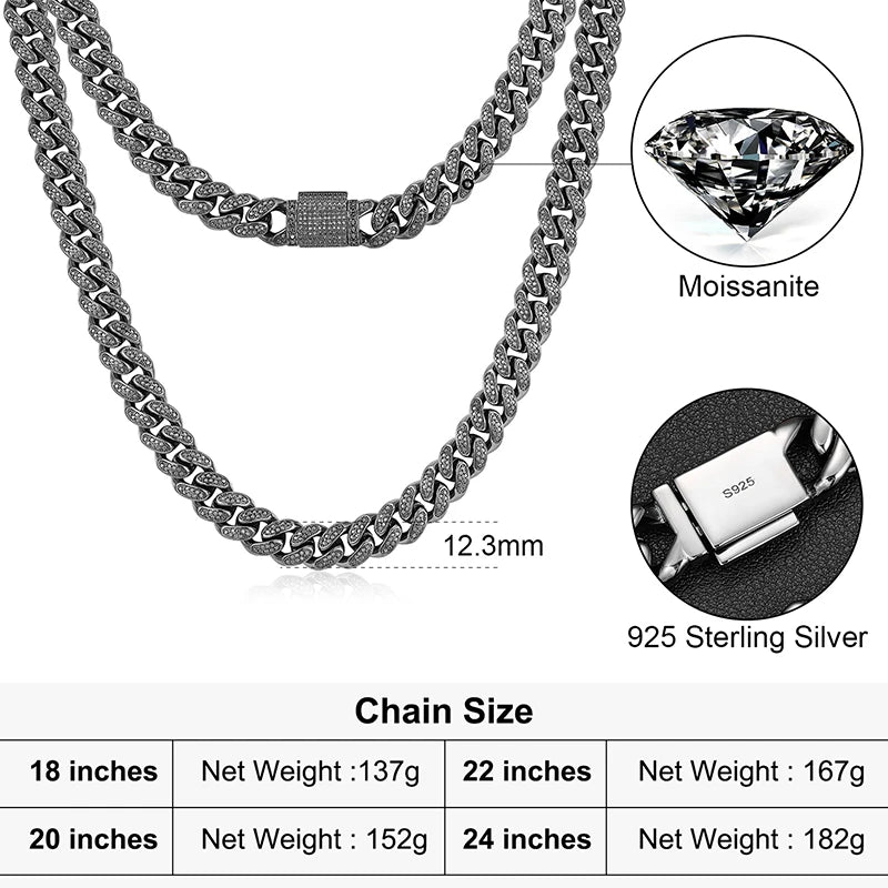Men's 12mm Round Brilliant Cut VVS Moissanite Cuban Link Chain Necklace 925 Sterling Silver