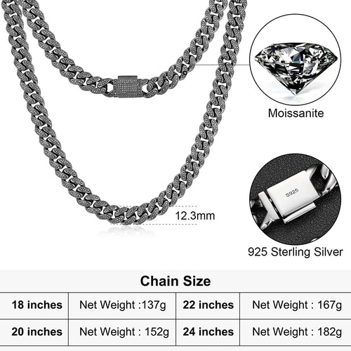Men's 12mm Round Brilliant Cut VVS Moissanite Cuban Link Chain Necklace 925 Sterling Silver