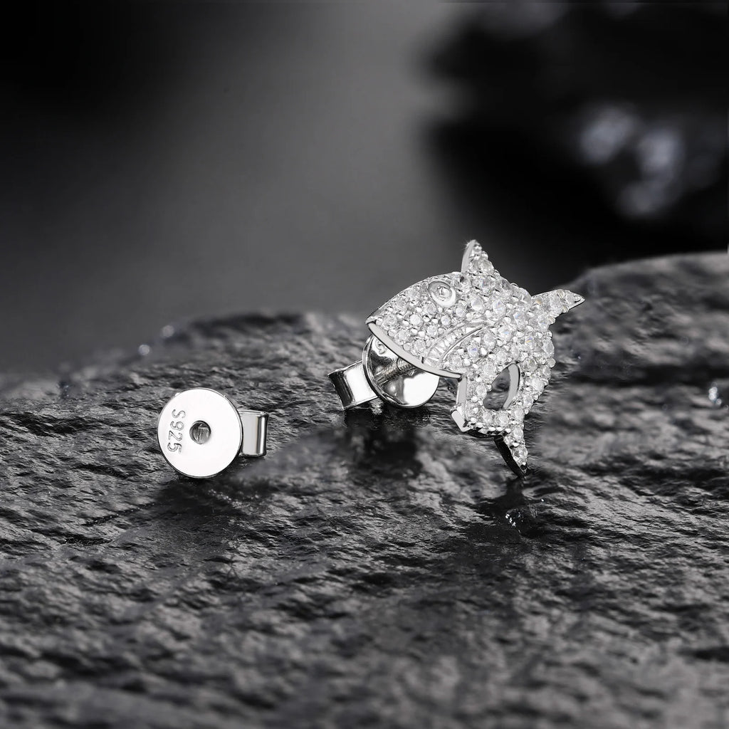 Unisex Iced Out 925 Sterling Silver VVS Moissanite Shark Stud Earrings