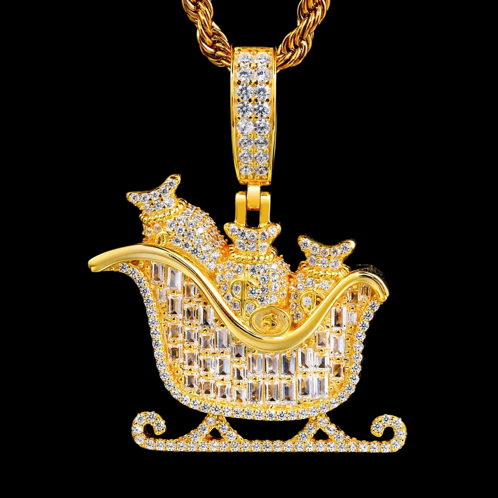 Unisex 925 Sterling Silver VVS Moissanite Baguette Money Bags Iced Out Pendant TQP0904