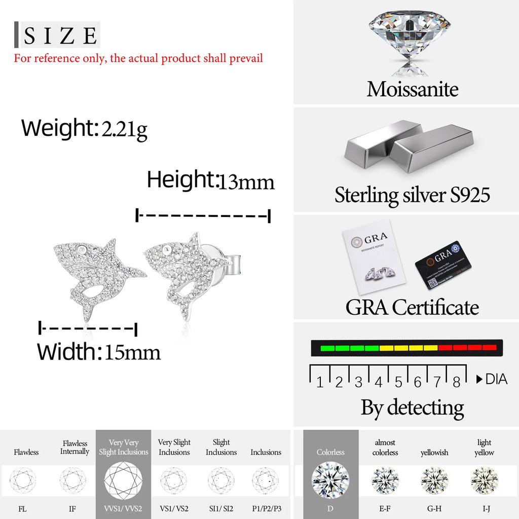 Unisex Iced Out 925 Sterling Silver VVS Moissanite Shark Stud Earrings