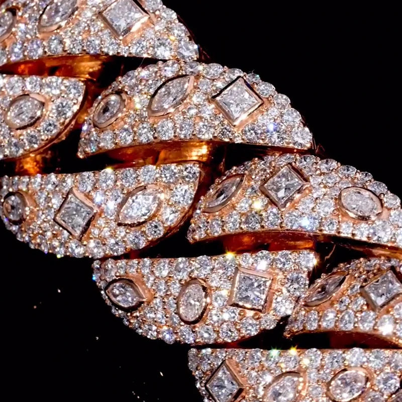 Men's 15mm Round Brilliant Cut Moissanite Cuban Link Chain Necklace 925 Sterling Silver Rose Gold Plated