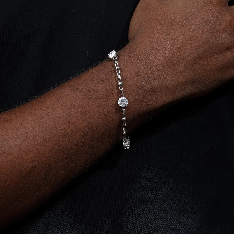 Unisex Iced Out 925 Sterling Silver VVS Moissanite Round Brilliant Cut Bead Link Chain Bracelet 8mm