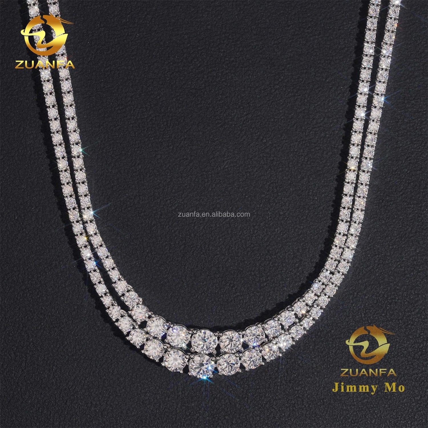 Unisex Iced Out 925 Sterling Silver Rhodium Plated VVS Moissanite Gradient Cluster Tennis Chain Necklace 2mm