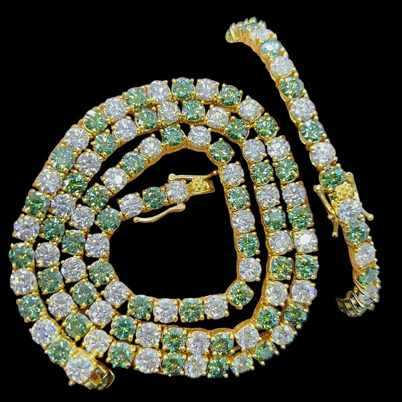 Unisex Iced Out 925 Sterling Silver VVS Moissanite Green Tennis Chain Necklace 5mm