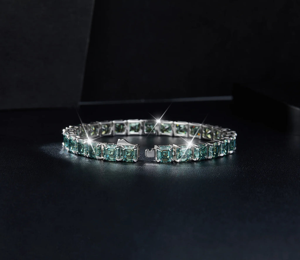 Unisex 5.5mm Asscher Cut Green Moissanite Tennis Bracelet 925 Sterling Silver