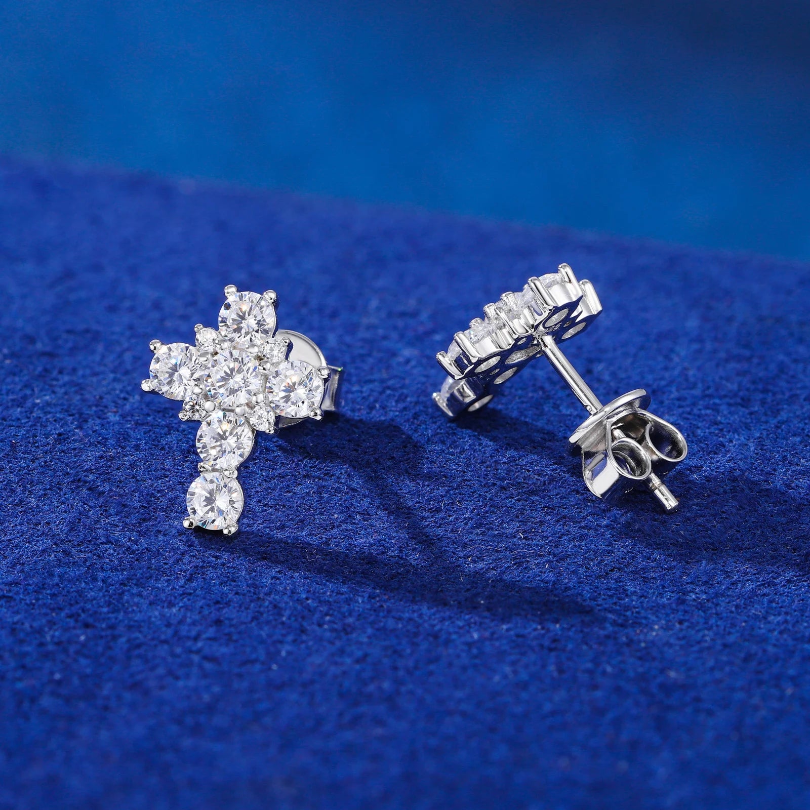 Unisex 925 Sterling Silver VVS Moissanite Baguette Cluster Cross Stud Earrings