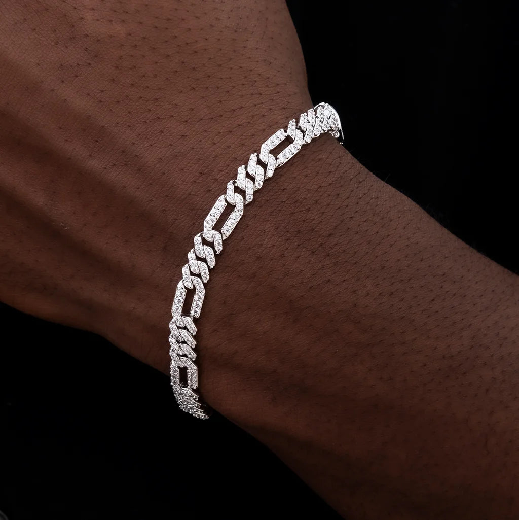 Men's 6mm Round Brilliant Cut VVS Moissanite Figaro Cuban Link Chain Bracelet 925 Sterling Silver