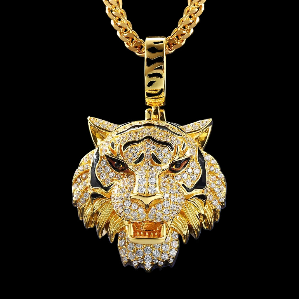 Men's 925 Sterling Silver VVS Moissanite Iced Out 3D Tiger Head Pendant TQP0730