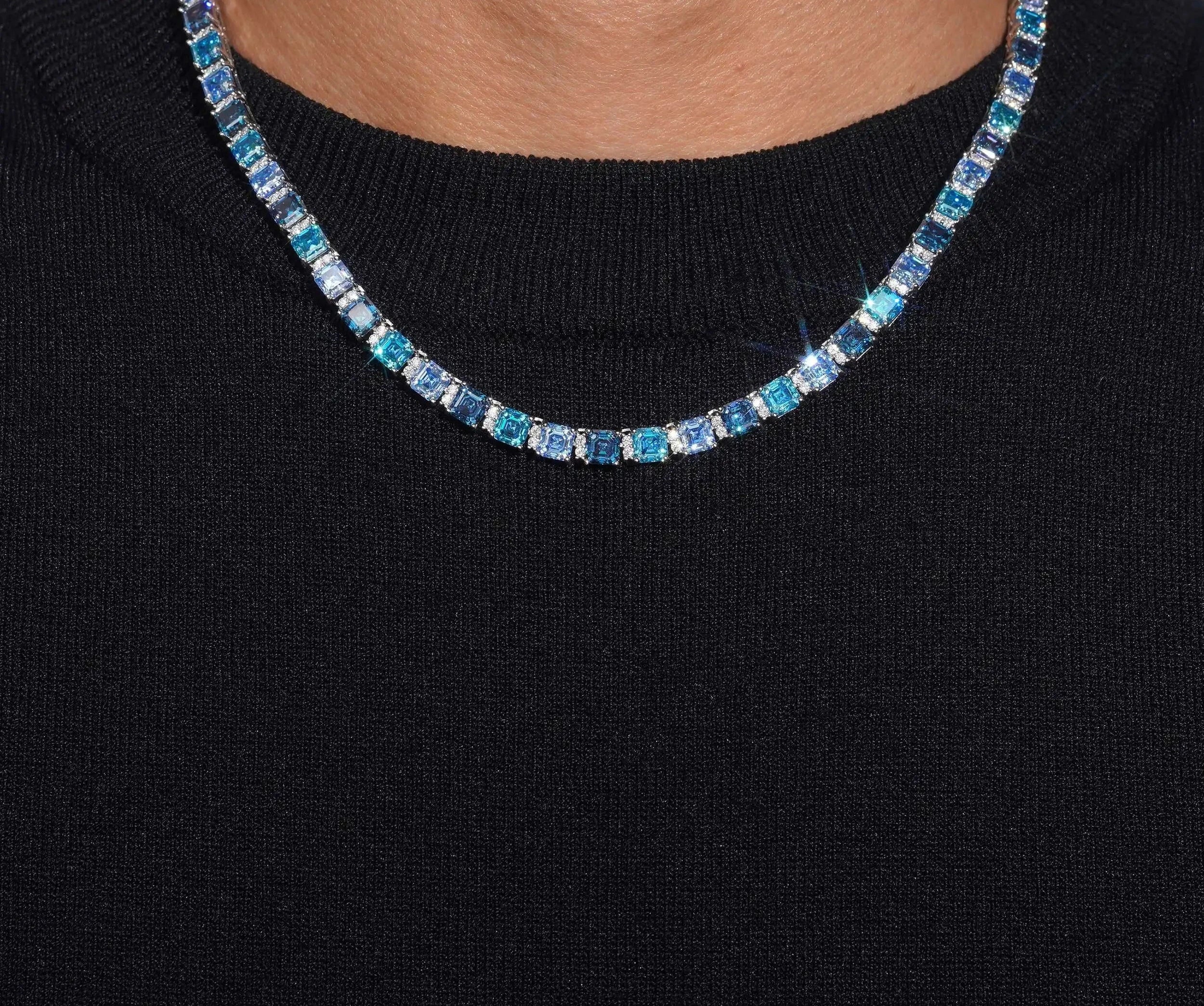 Unisex Iced Out 925 Sterling Silver Blue Moissanite Tennis Chain Necklace