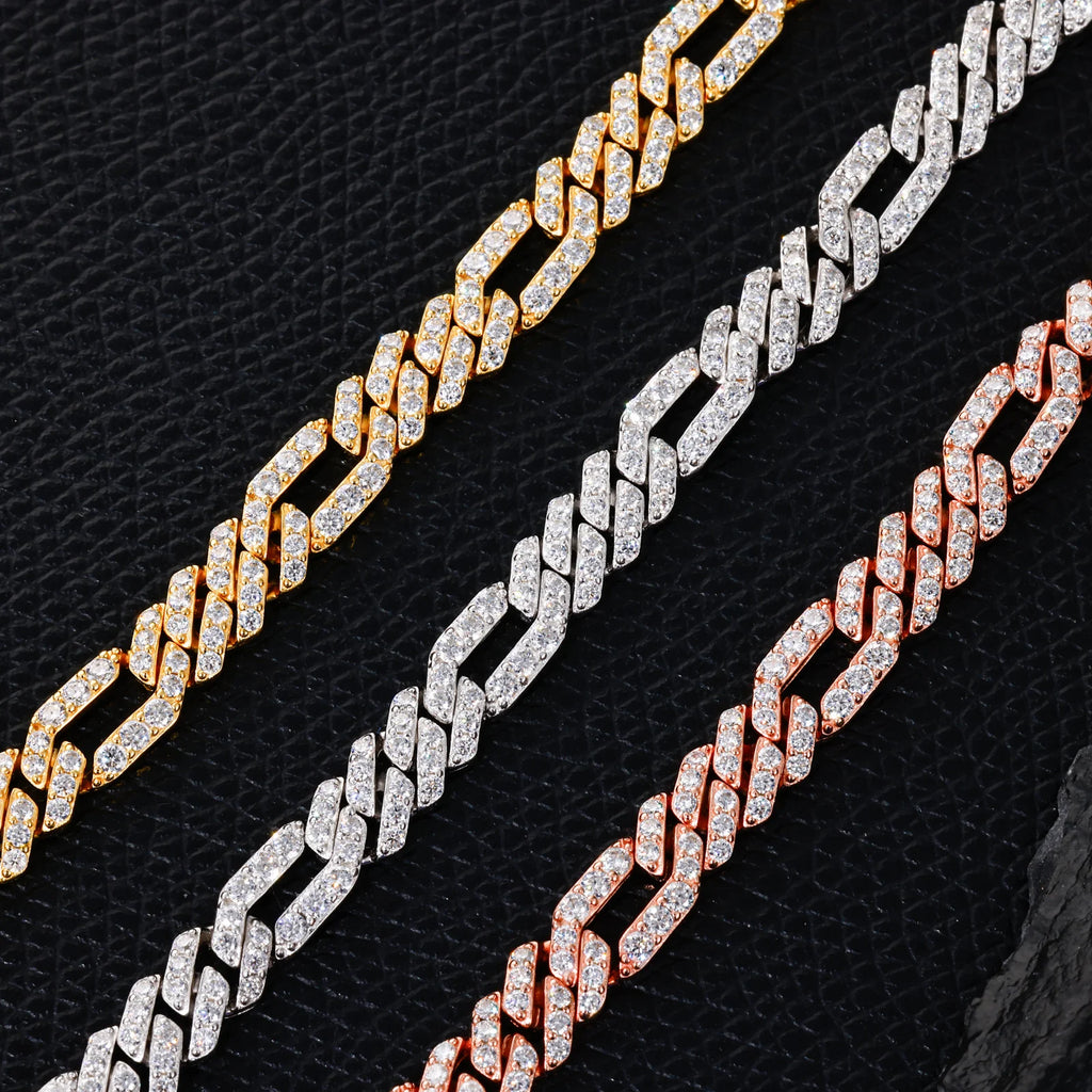 Men's 6mm Round Brilliant Cut VVS Moissanite Figaro Cuban Link Chain Bracelet 925 Sterling Silver