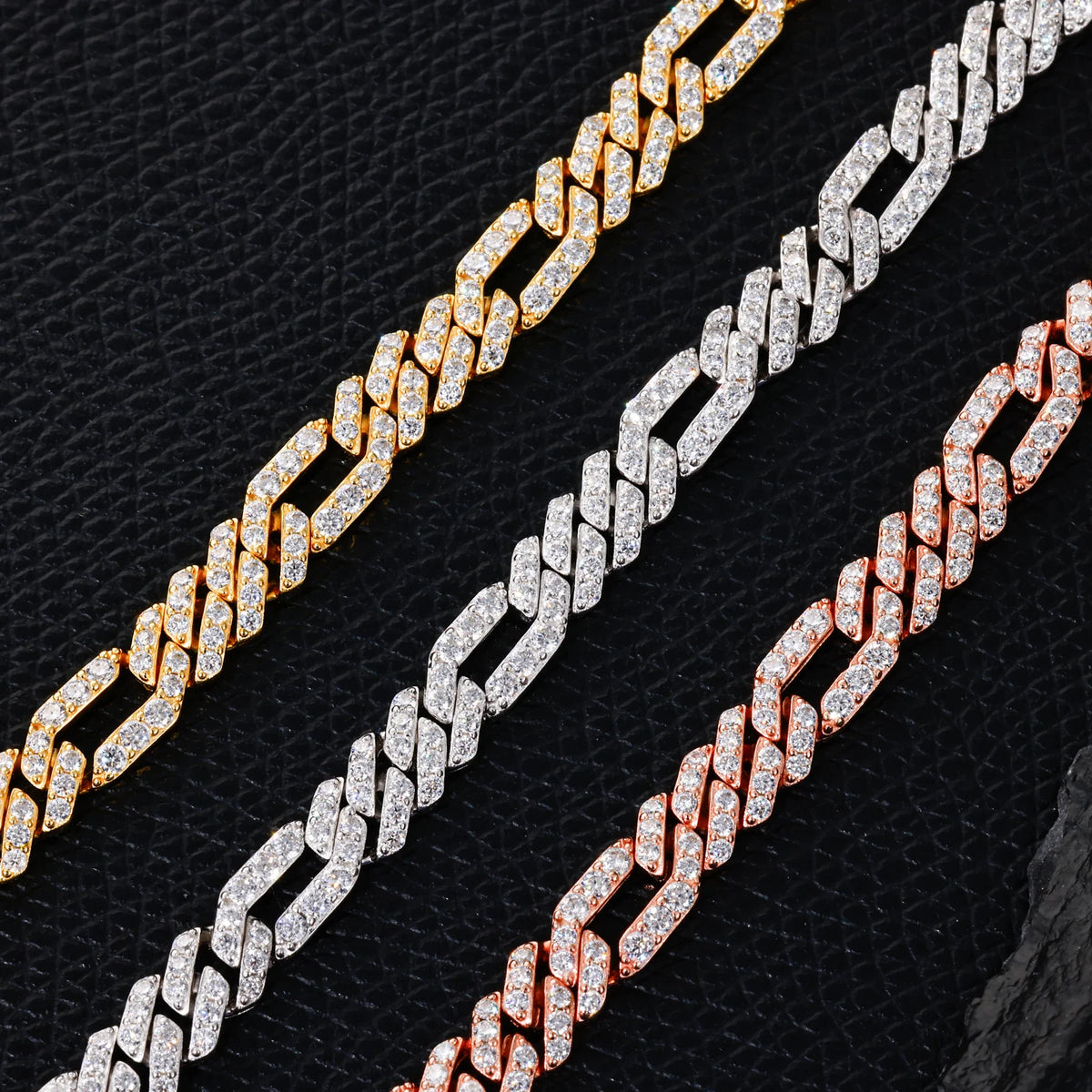Men's 6mm Round Brilliant Cut VVS Moissanite Figaro Cuban Link Chain Bracelet 925 Sterling Silver