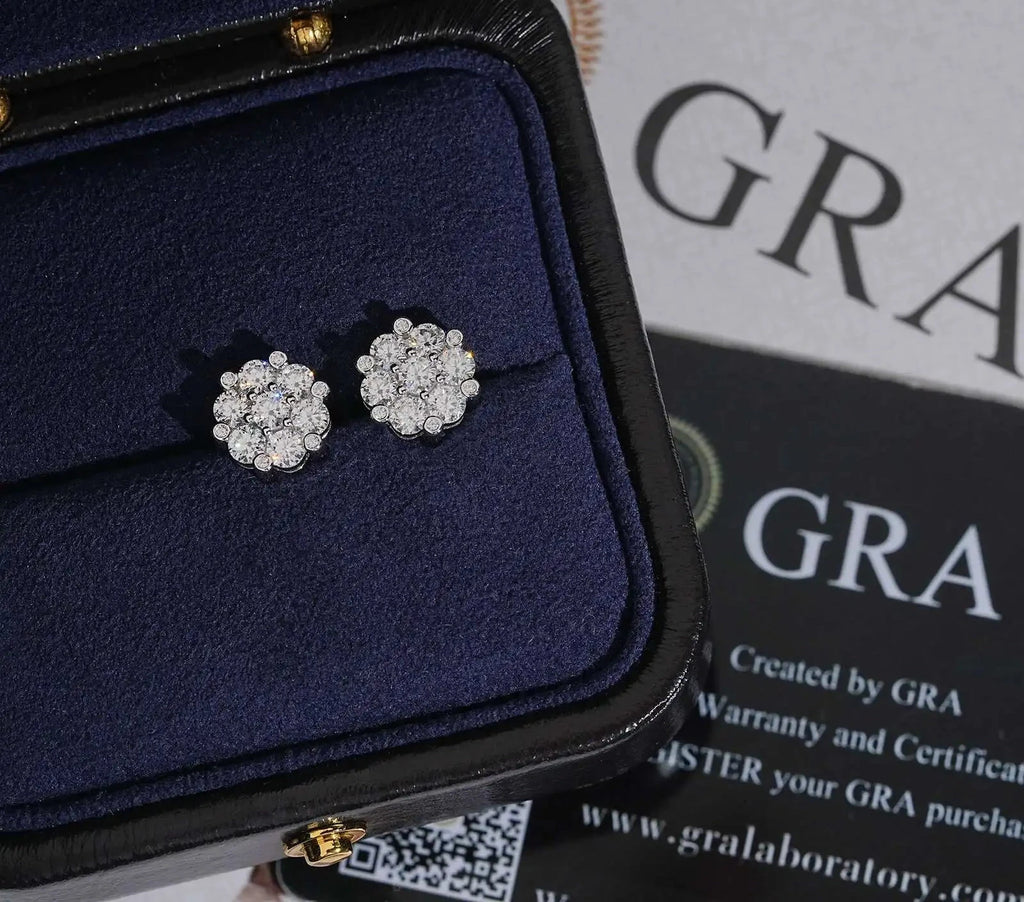 Unisex Iced Out 925 Sterling Silver VVS Moissanite Floral Cluster Stud Earrings