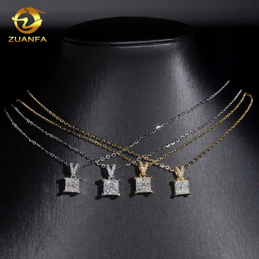 Unisex Iced Out 925 Sterling Silver Moissanite Princess Cut Pendant Necklace