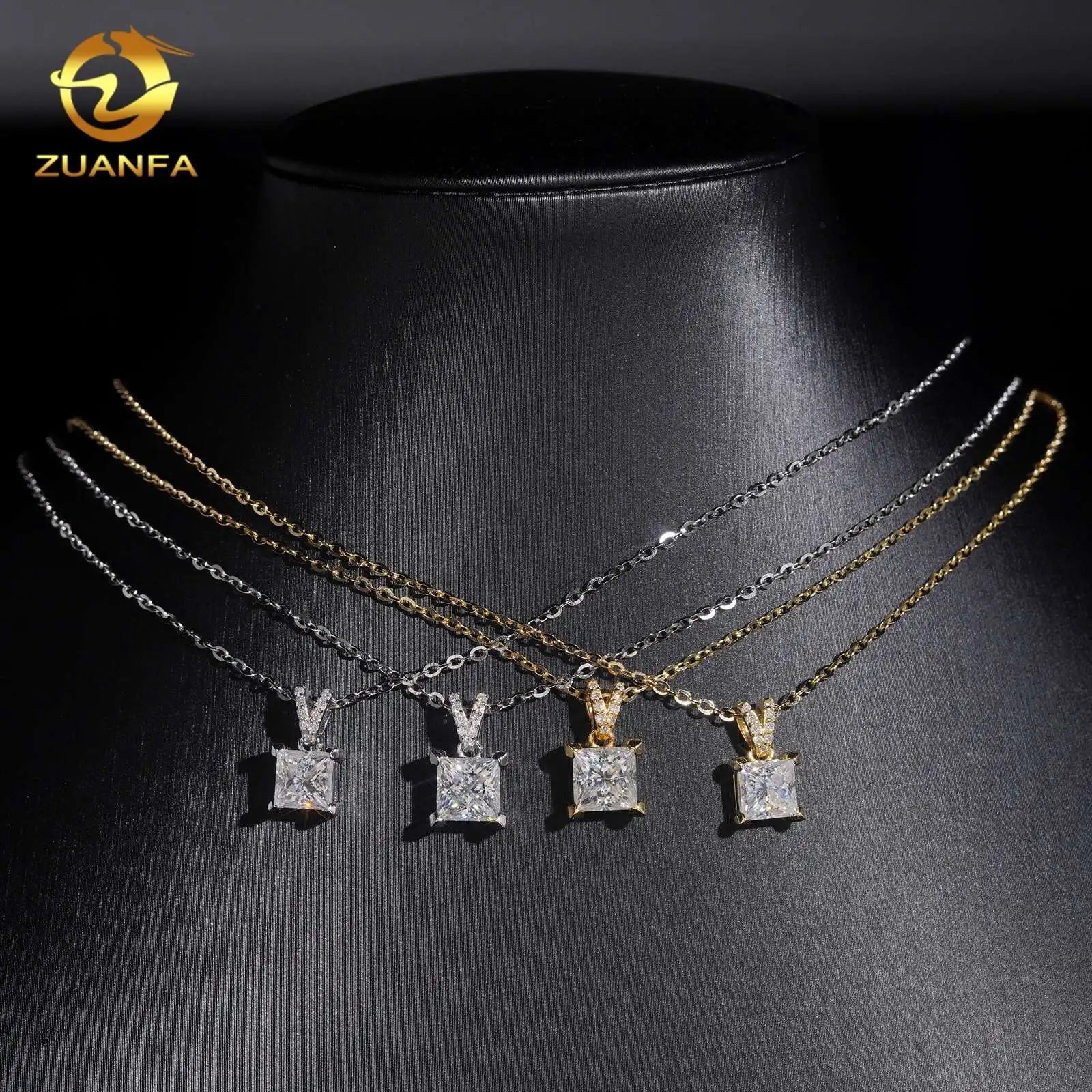 Unisex Iced Out 925 Sterling Silver Moissanite Princess Cut Pendant Necklace