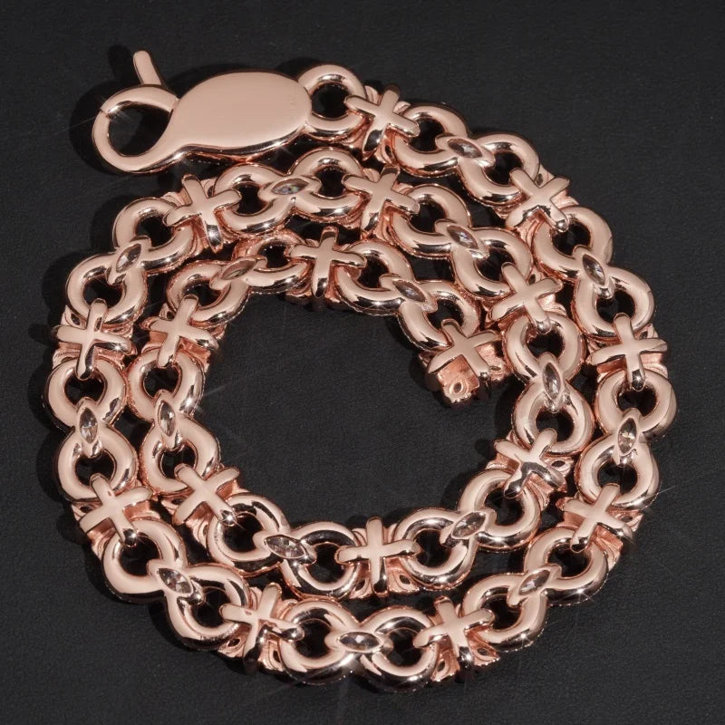 Unisex 15mm Cross Infinity Link Round Brilliant Cut VVS Moissanite Cuban Link Chain Necklace Rose Gold Plated 925 Sterling Silver