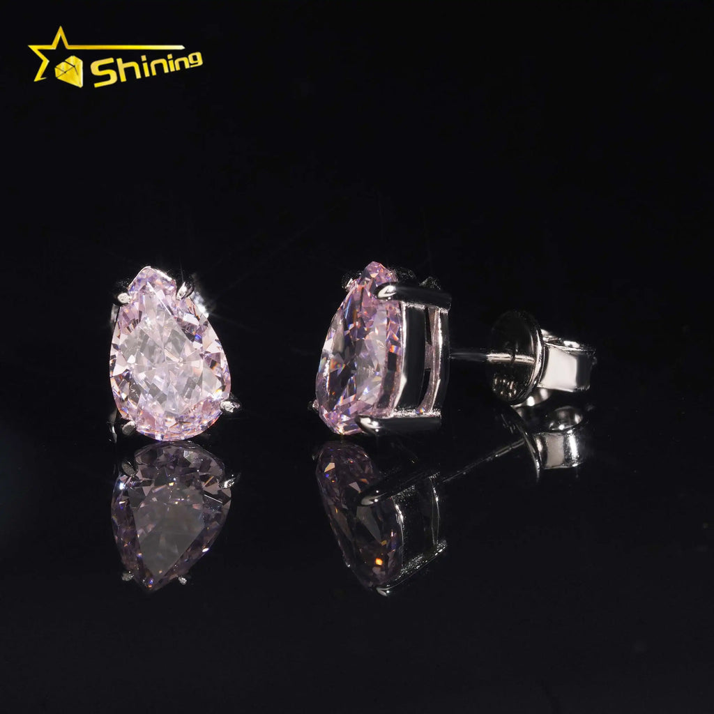 Unisex Iced Out 925 Sterling Silver Rhodium Plated VVS Moissanite Pear Cut Sakura Lab Grown Gemstone Stud Earrings
