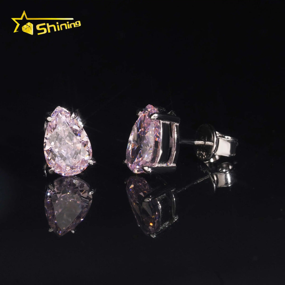Unisex Iced Out 925 Sterling Silver Rhodium Plated VVS Moissanite Pear Cut Sakura Lab Grown Gemstone Stud Earrings
