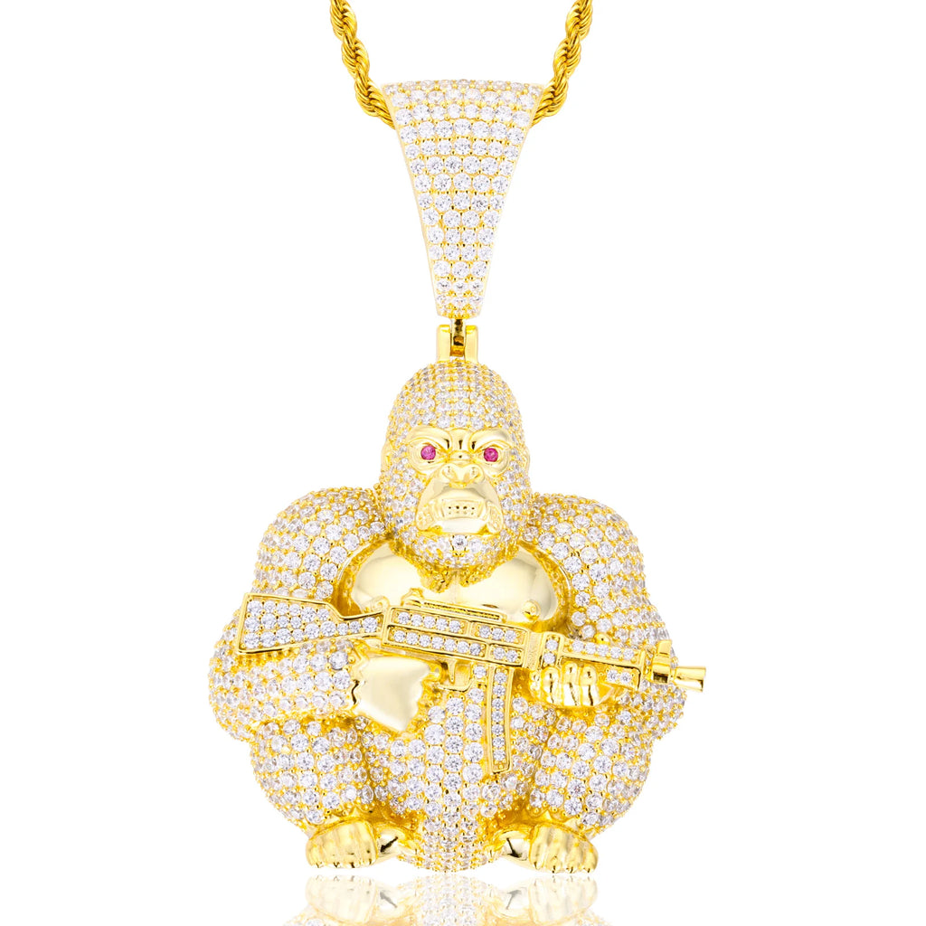 Unisex Iced Out Gorilla Holding AK Pendant 925 Sterling Silver VVS Moissanite TQP0867